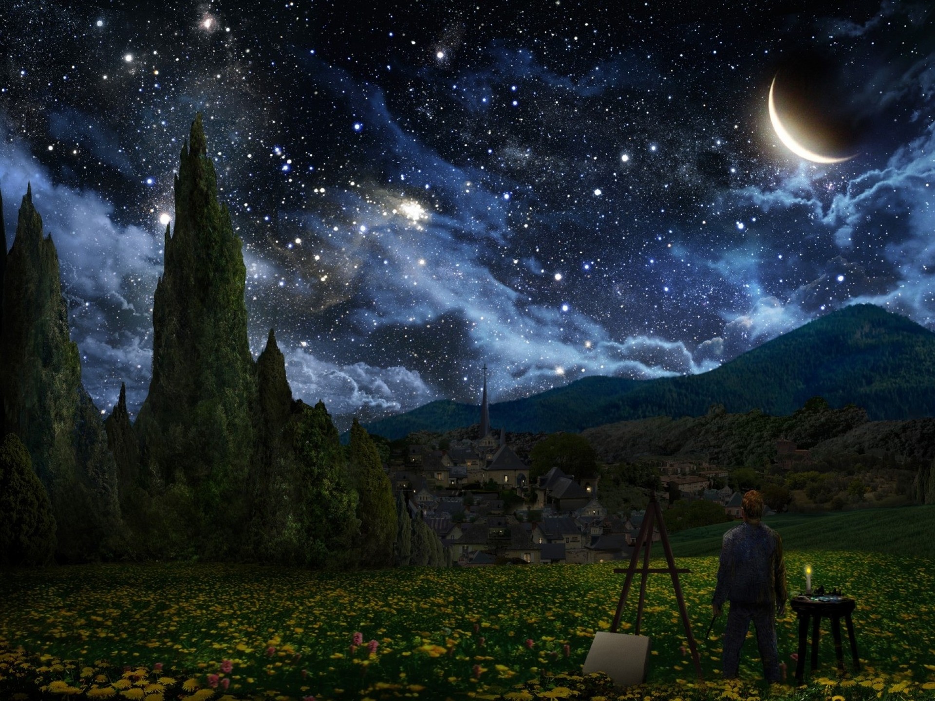 This painting is an homage to Vincent Van Gogh's Starry Night. Painting