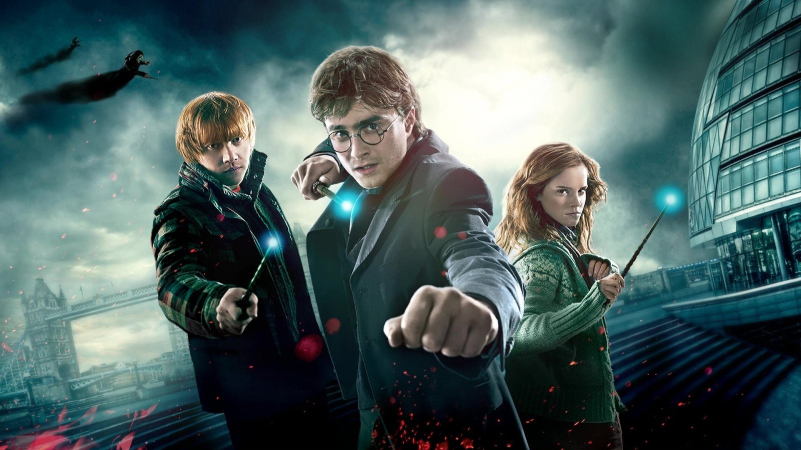 Download wallpaper Harry Potter, Ron Weasley, Hermione Granger, Harry Potter and the Deathly Hallows Part I, section films in resolution 1600x900
