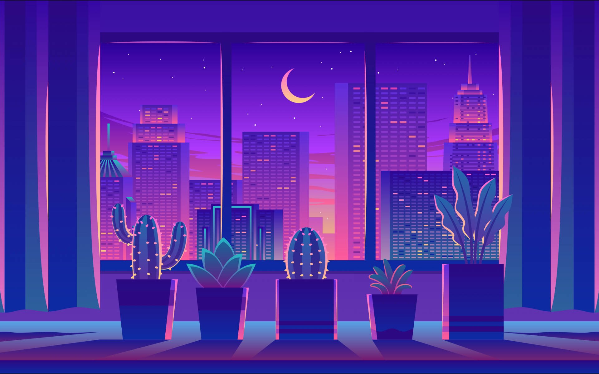 Download Potted City Plants Aesthetic Purple Neon Computer Wallpaper