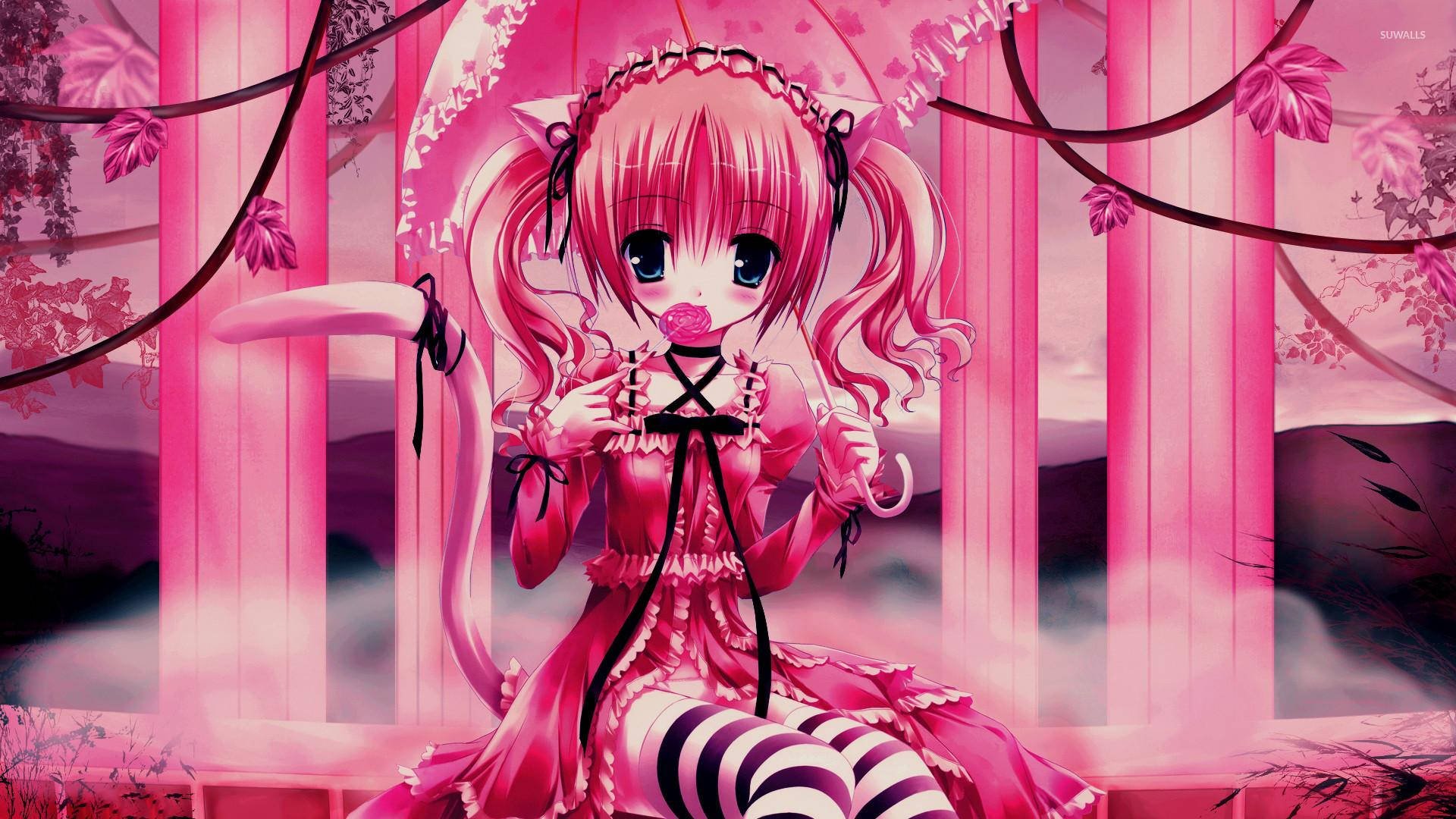 Download Kawaii Anime Girl In Pink Pillars Wallpaper