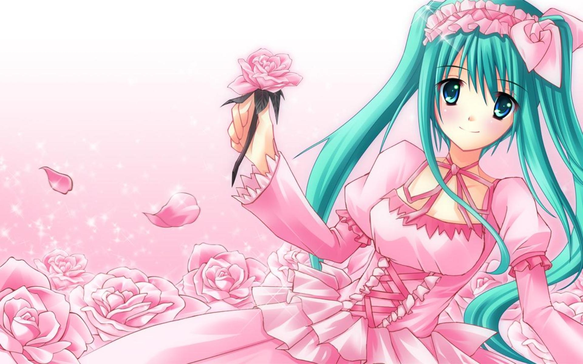 Wallpaper, illustration, anime, cartoon, flower, cute, girl, smile, mangaka, hatsune miku pink 1920x1200