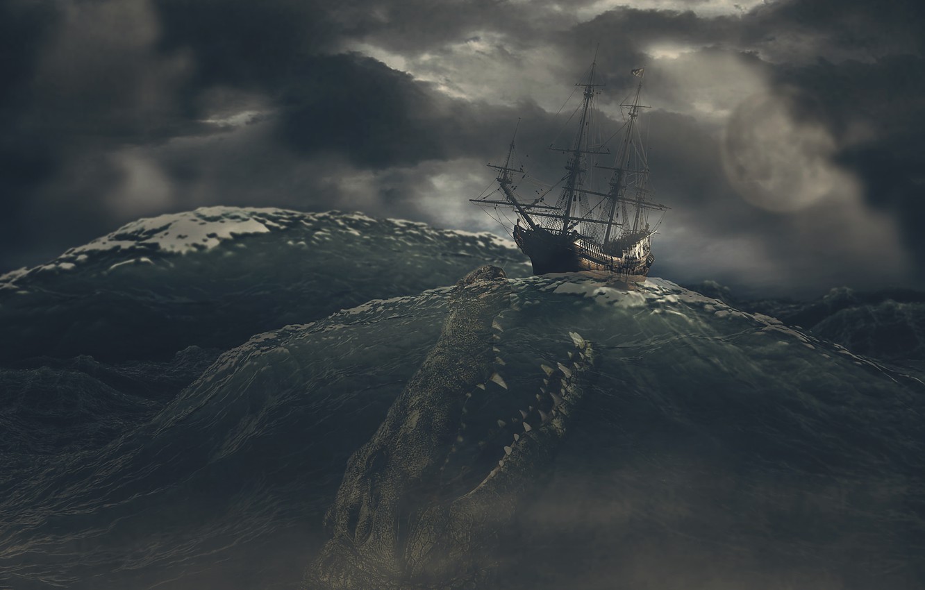 Wallpaper sea, the sky, clouds, storm, rendering, sea monster image for desktop, section рендеринг