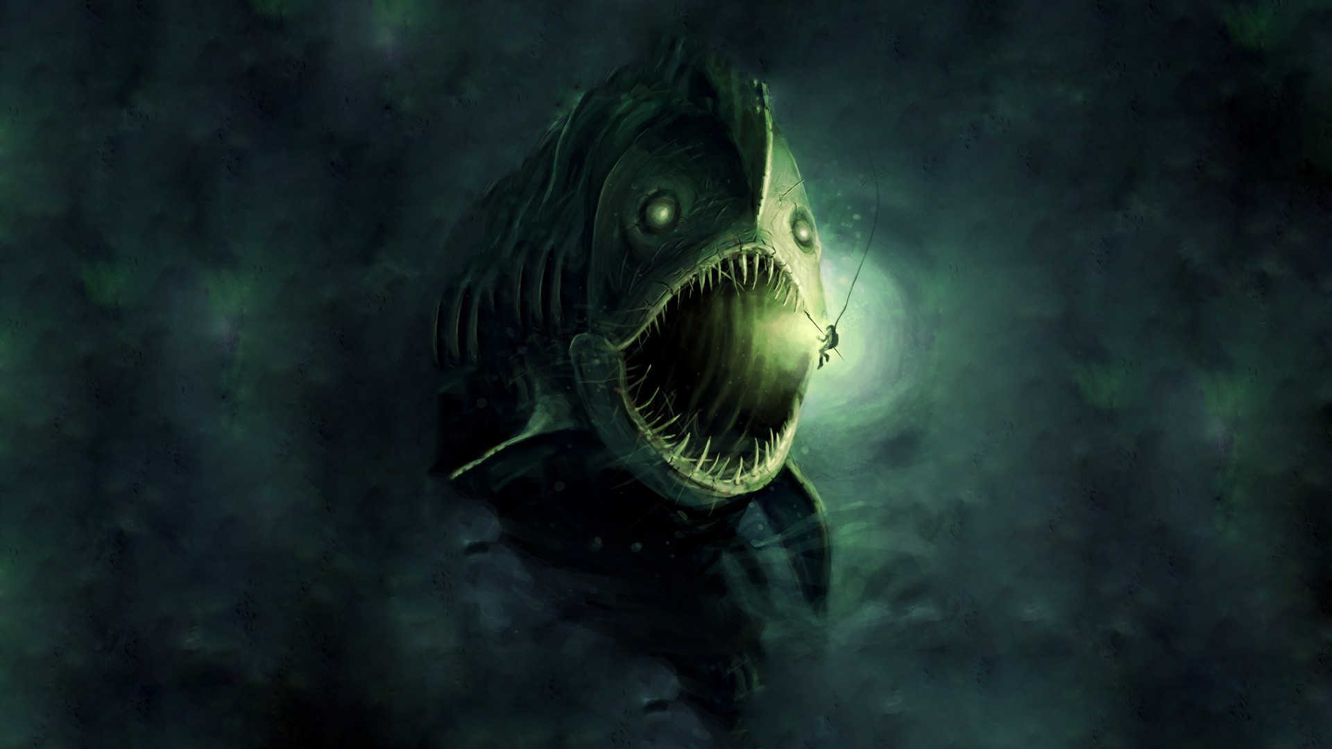Wallpaper, lights, painting, digital art, sea monsters, open mouth, underwater, divers, fangs, deep sea, Anglerfish, harpoons, darkness, screenshot, computer wallpaper, marine biology, deep sea fish 1920x1080 Wallpaper