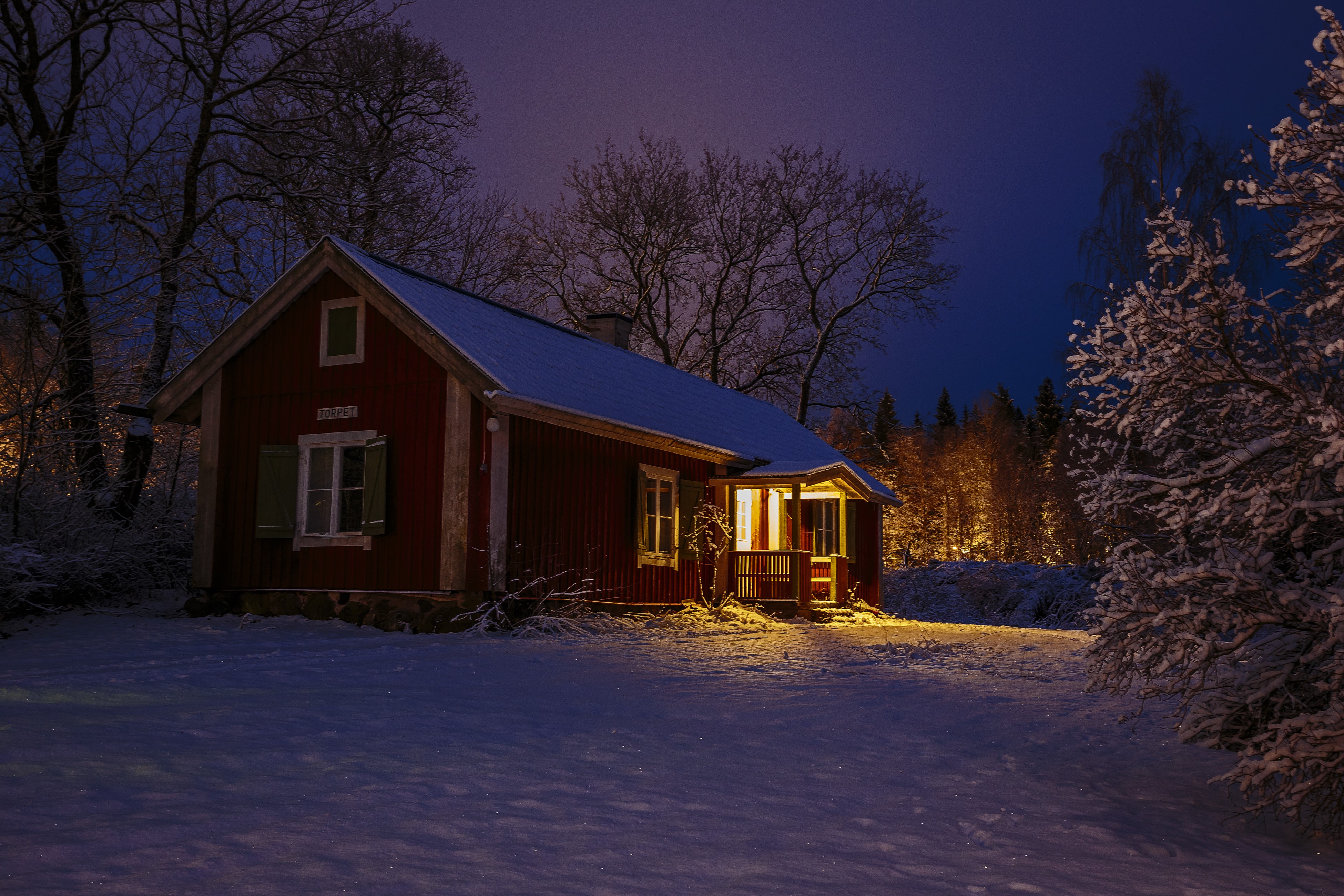4K, Sweden, Winter, Evening, Houses, Snow, Trees Gallery HD Wallpaper