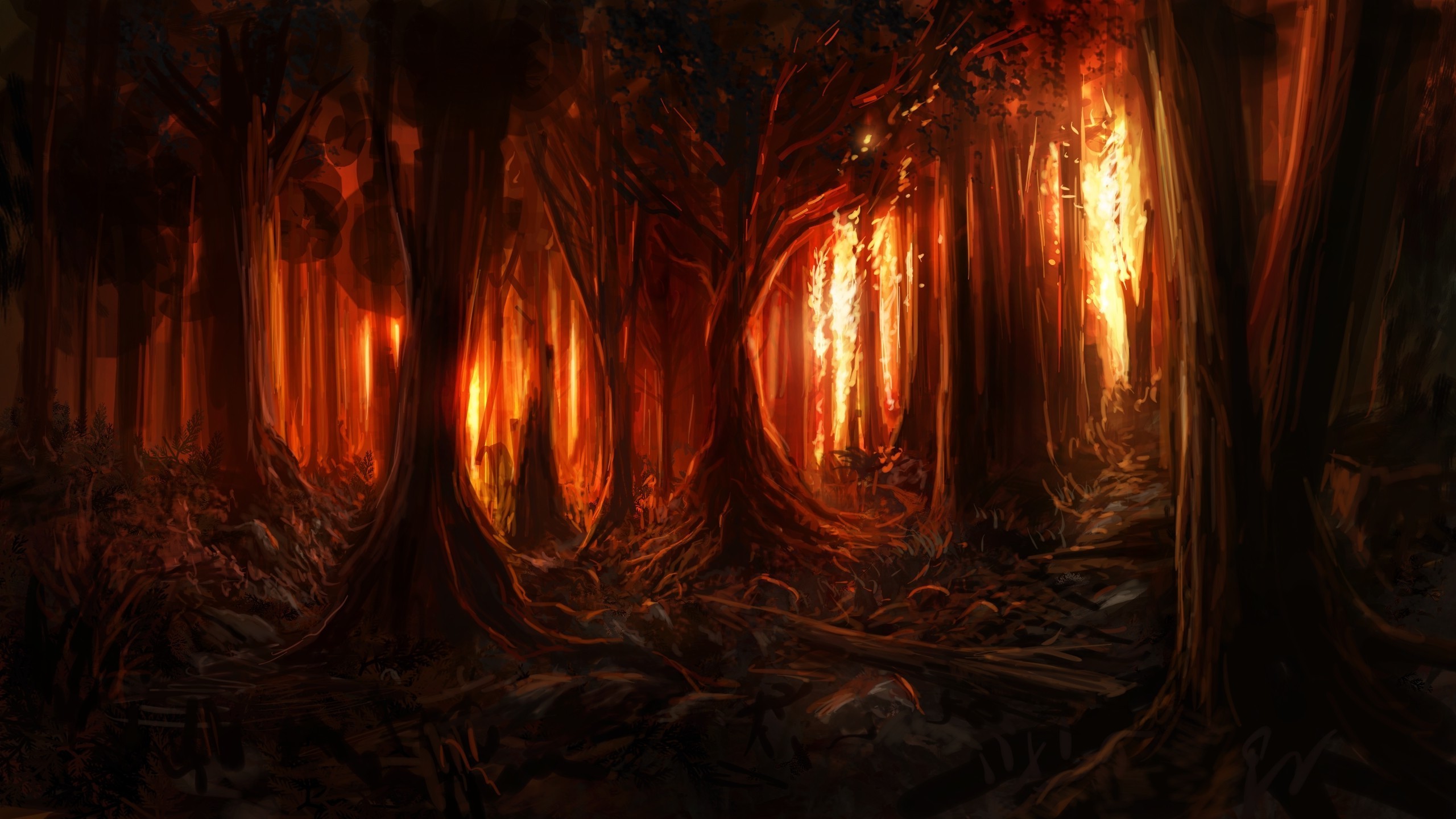 digital Art, Nature, Trees, Forest, Painting, Burning, Fire, Wood, Artwork, Branch Wallpaper HD / Desktop and Mobile Background
