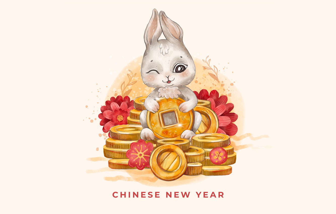 Wallpaper gold, money, rabbit, Christmas, New year, coins, light background, the year of the rabbit, wealth - for desktop, section новый год