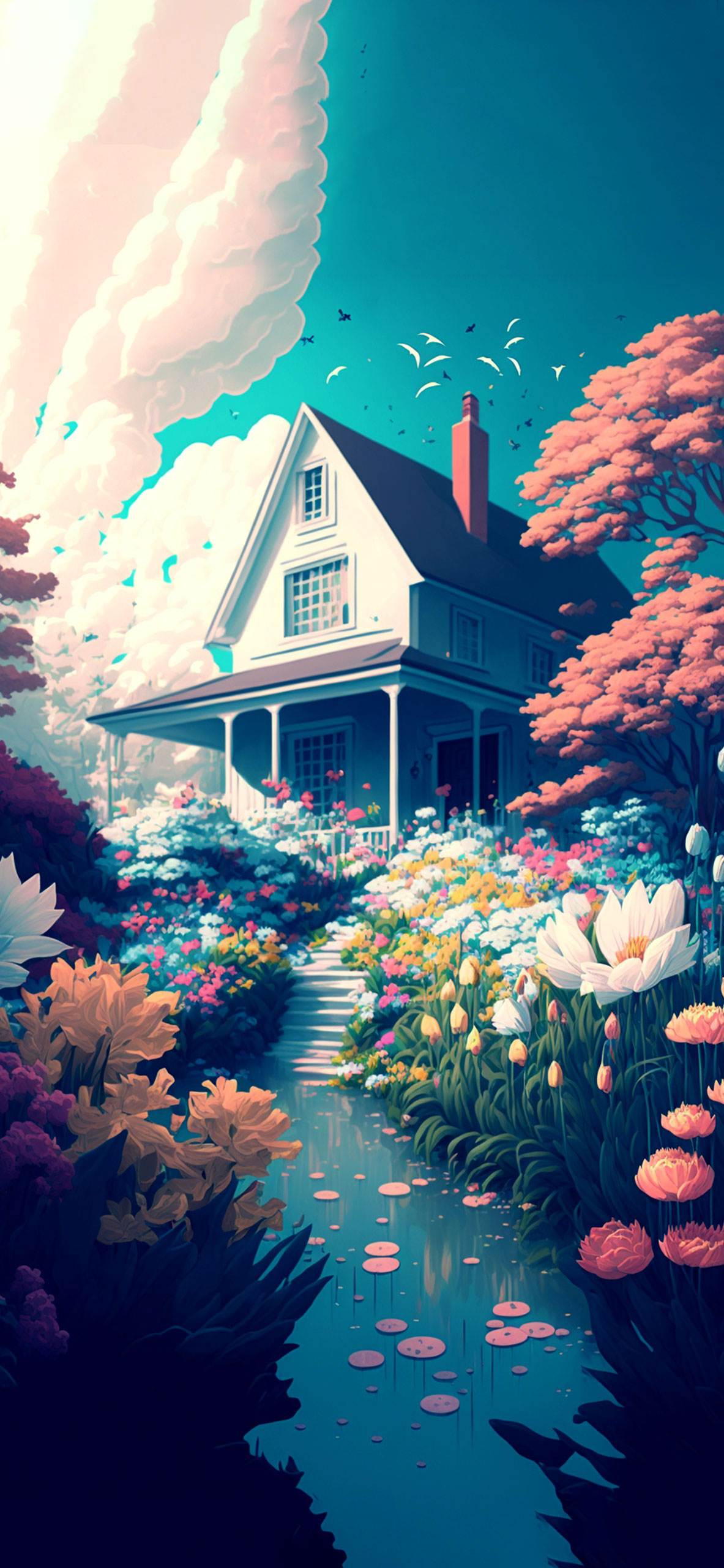 Spring Flowers Garden & House Wallpaper