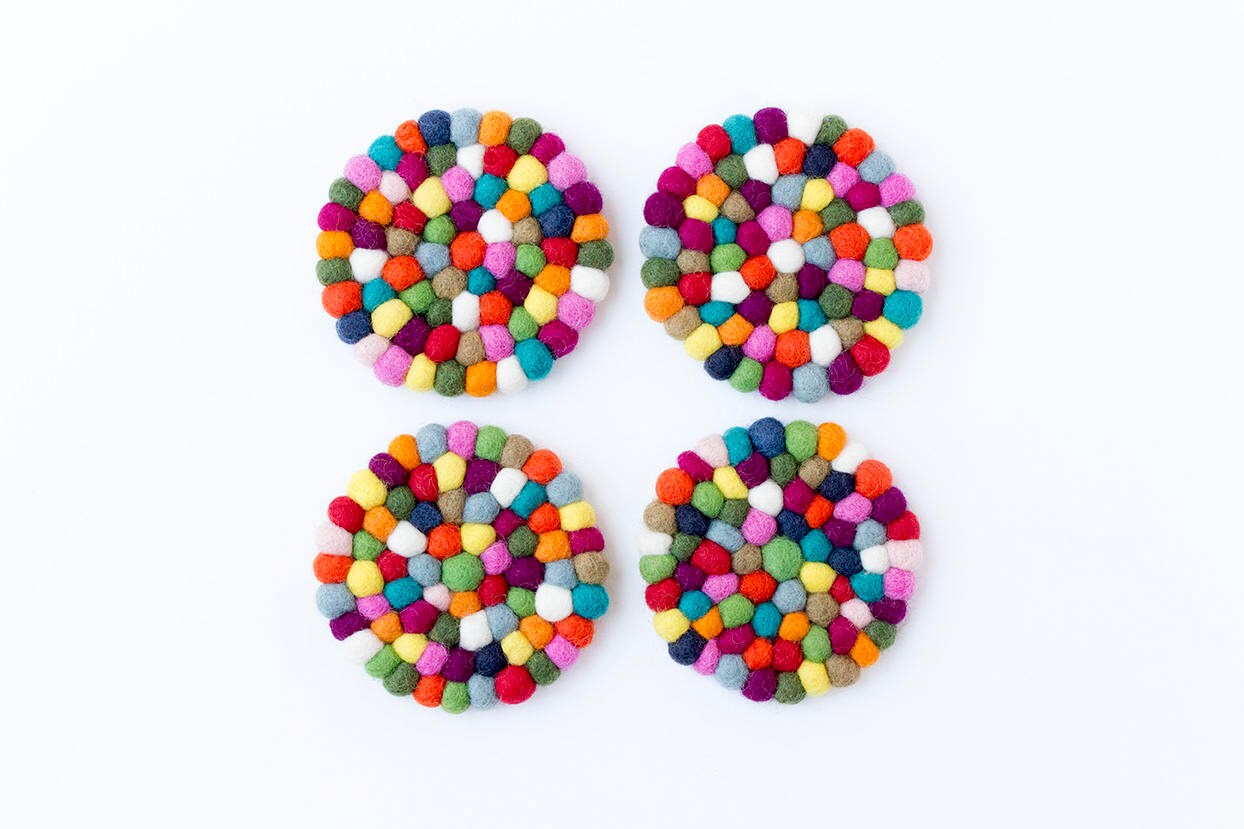 Rainbow Felt Ball Coasters Set. Multicolor Pom Pom Coasters