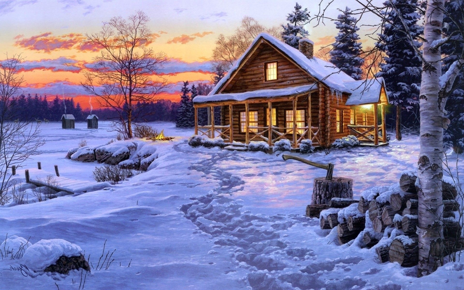 Log Cabin Winter Wallpaper