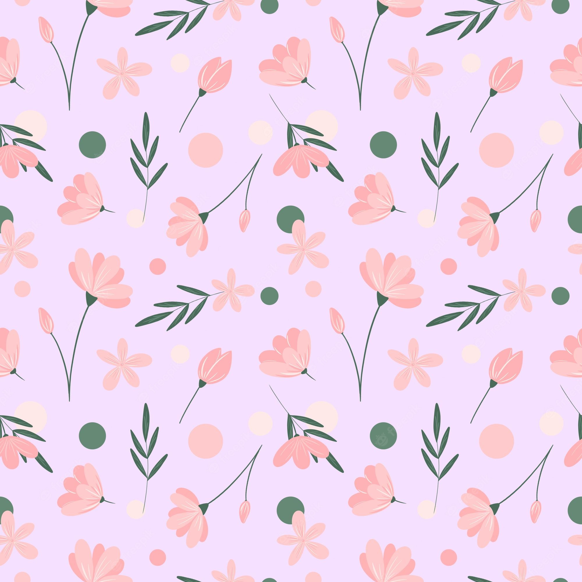 Premium Photo. Floral seamless pattern on pastel pink background pink flower green leaves circles repeat print