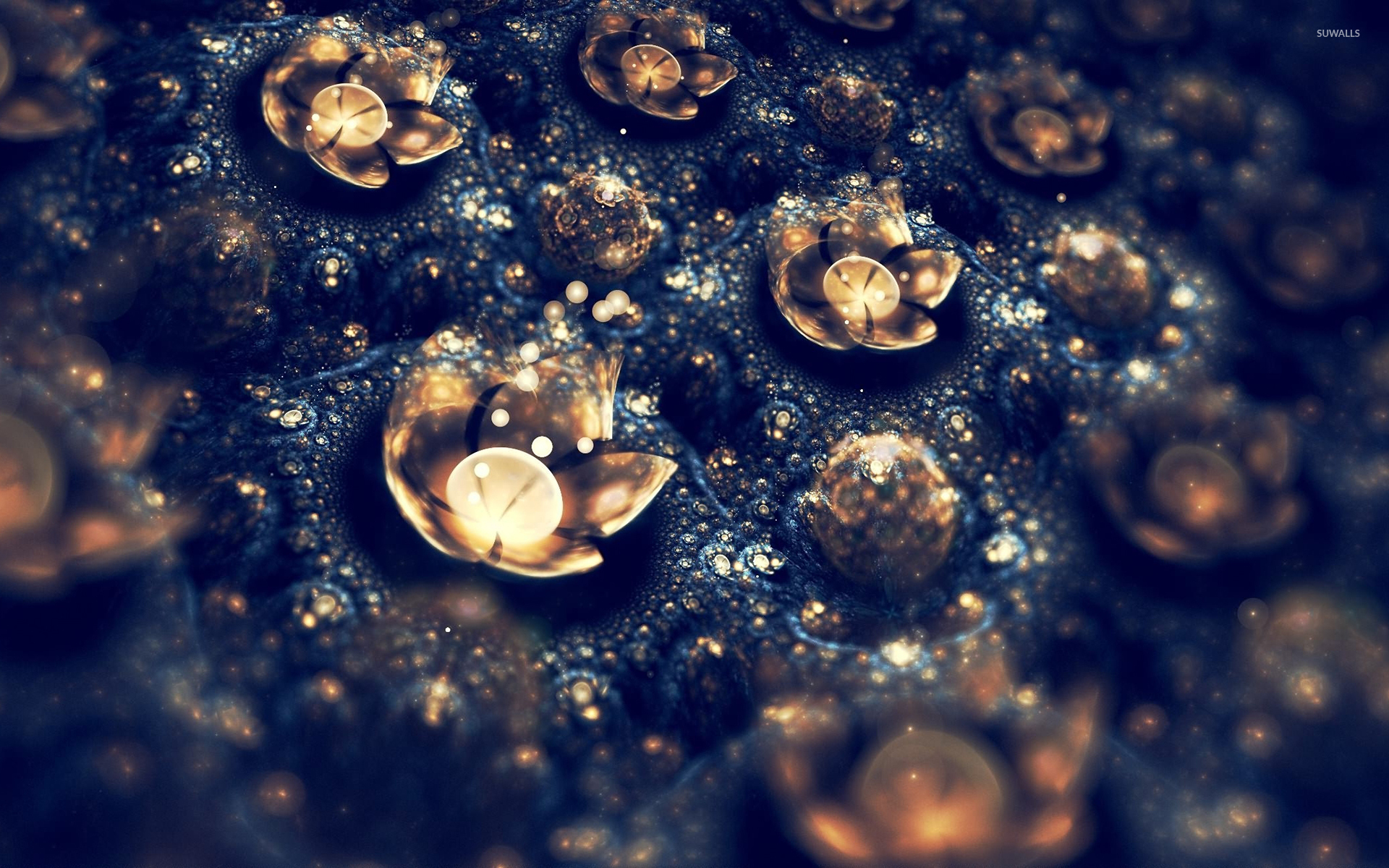 Golden flowers floating on the wavy water wallpaper wallpaper