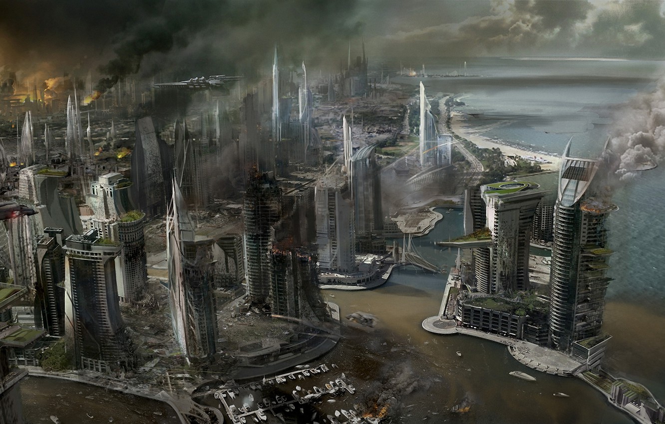 Wallpaper sea, the city, fire, fire, smoke, view, ship, building, skyscrapers, destruction, Killzone, Concept Art, Mercenary image for desktop, section игры