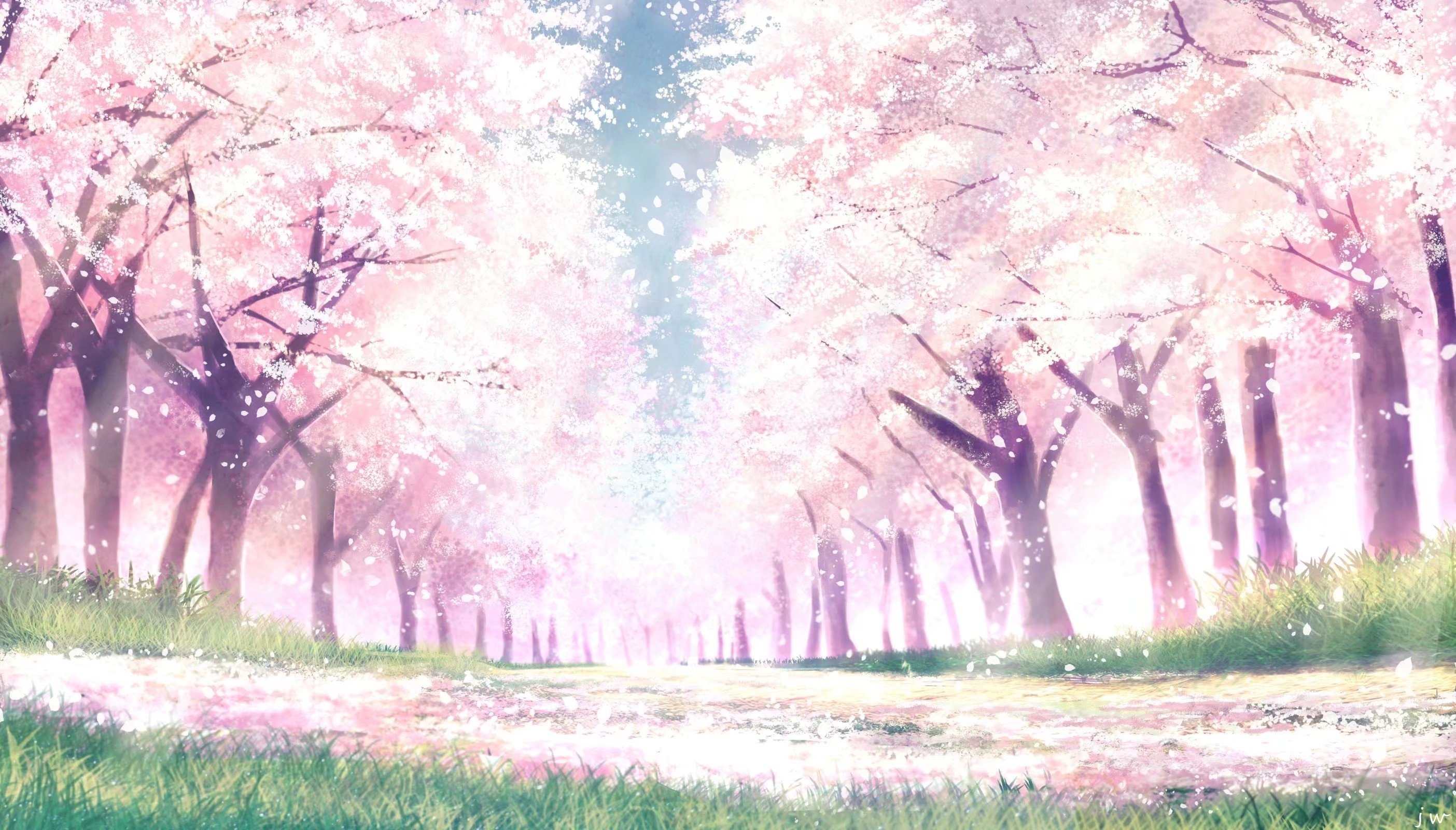 Download 1920x1080 Anime Landscape, Spring, Cherry Blossom, Sakura Bloom, Trees, Path Wallpaper for Widescreen