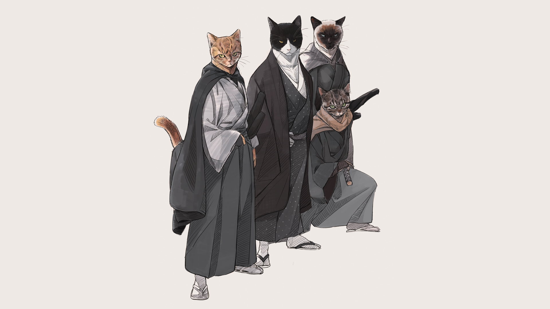 Wallpaper, cats, Japan, samurai, kimono, simple background, katana 1920x1080