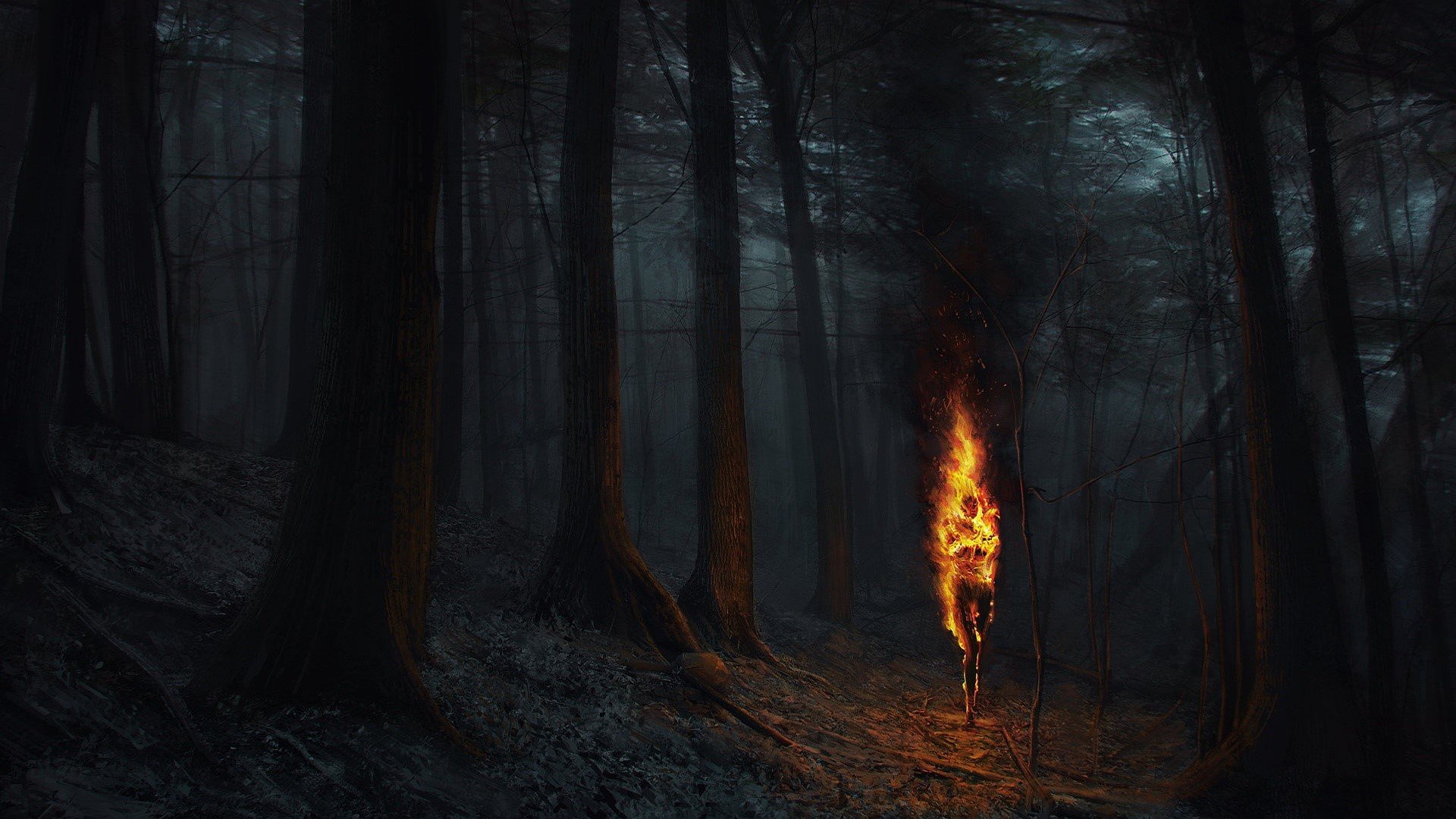 Wallpaper / fantasy art, dark, dark fantasy, burning, fire, forest free download