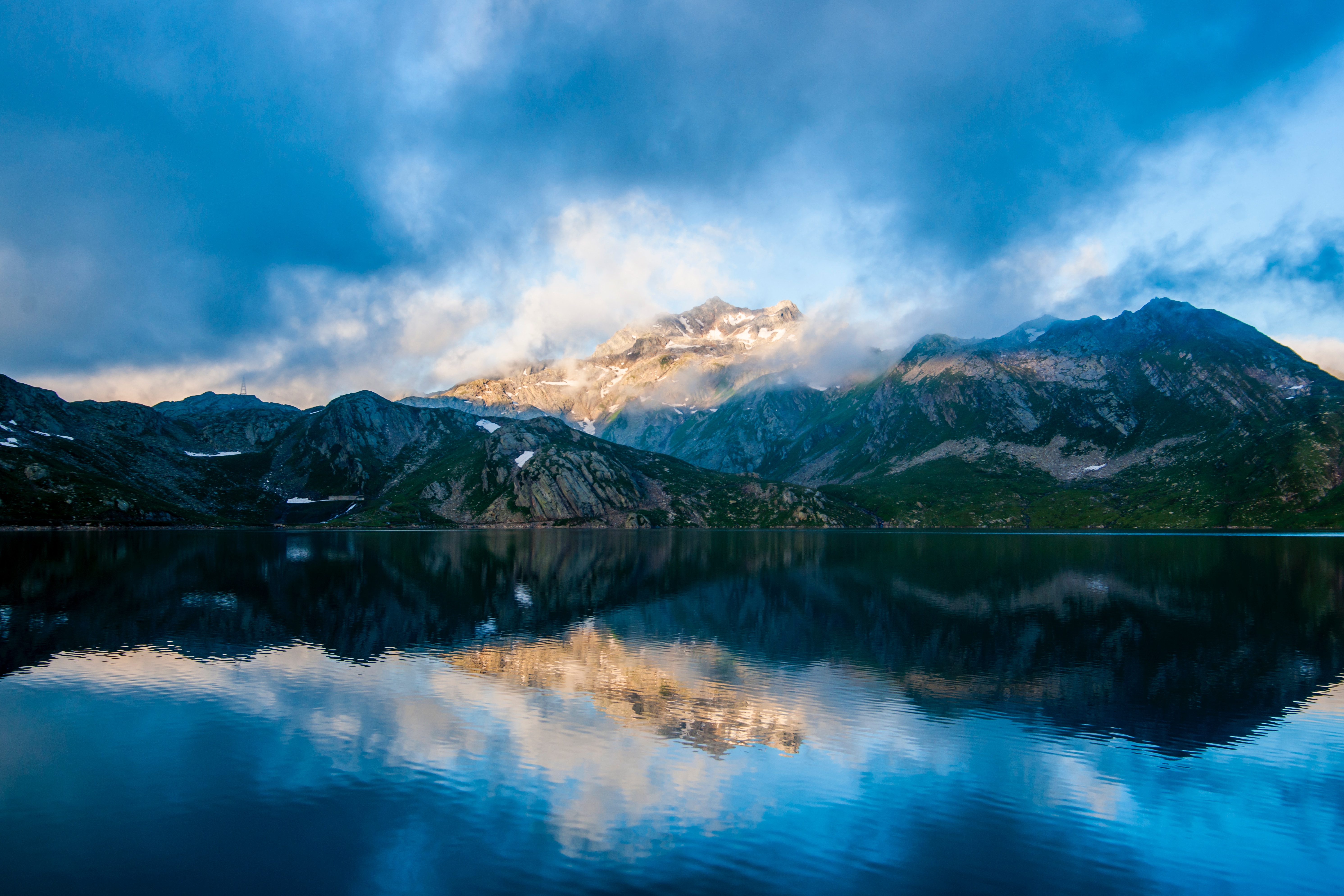 5966x3978 cloud, mountain, landscape, outdoor, nature, sky, blue, scenery, dusk, dawn, mirror image, ethereal, green, morning, lake, water, tranquil, Public domain image, overcast, natural, reflection Gallery HD Wallpaper