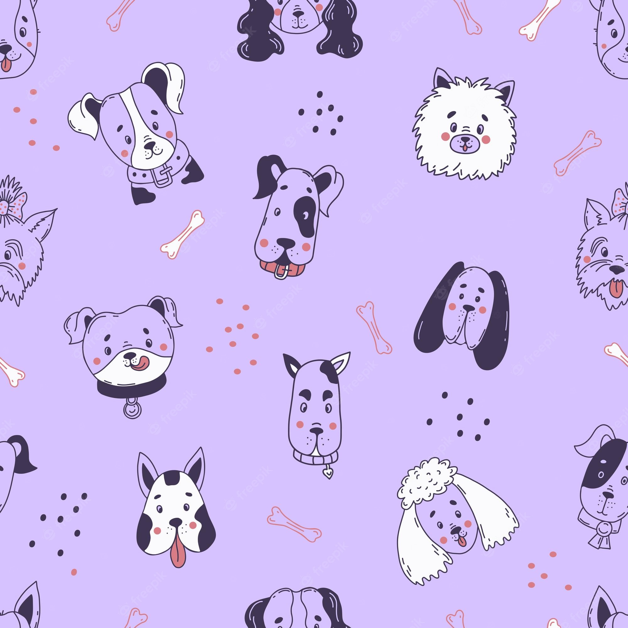 Premium Vector. Seamless decorative pattern with muzzle and portraits of cute domestic dogs on purple background