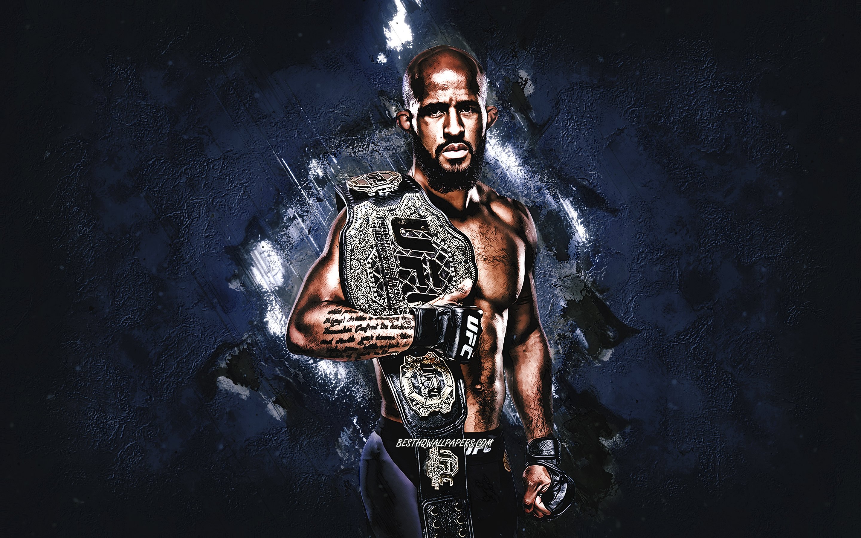Download wallpaper Demetrious Johnson, UFC, Flyweight Champion, american fighter, portrait, blue stone background for desktop with resolution 2880x1800. High Quality HD picture wallpaper