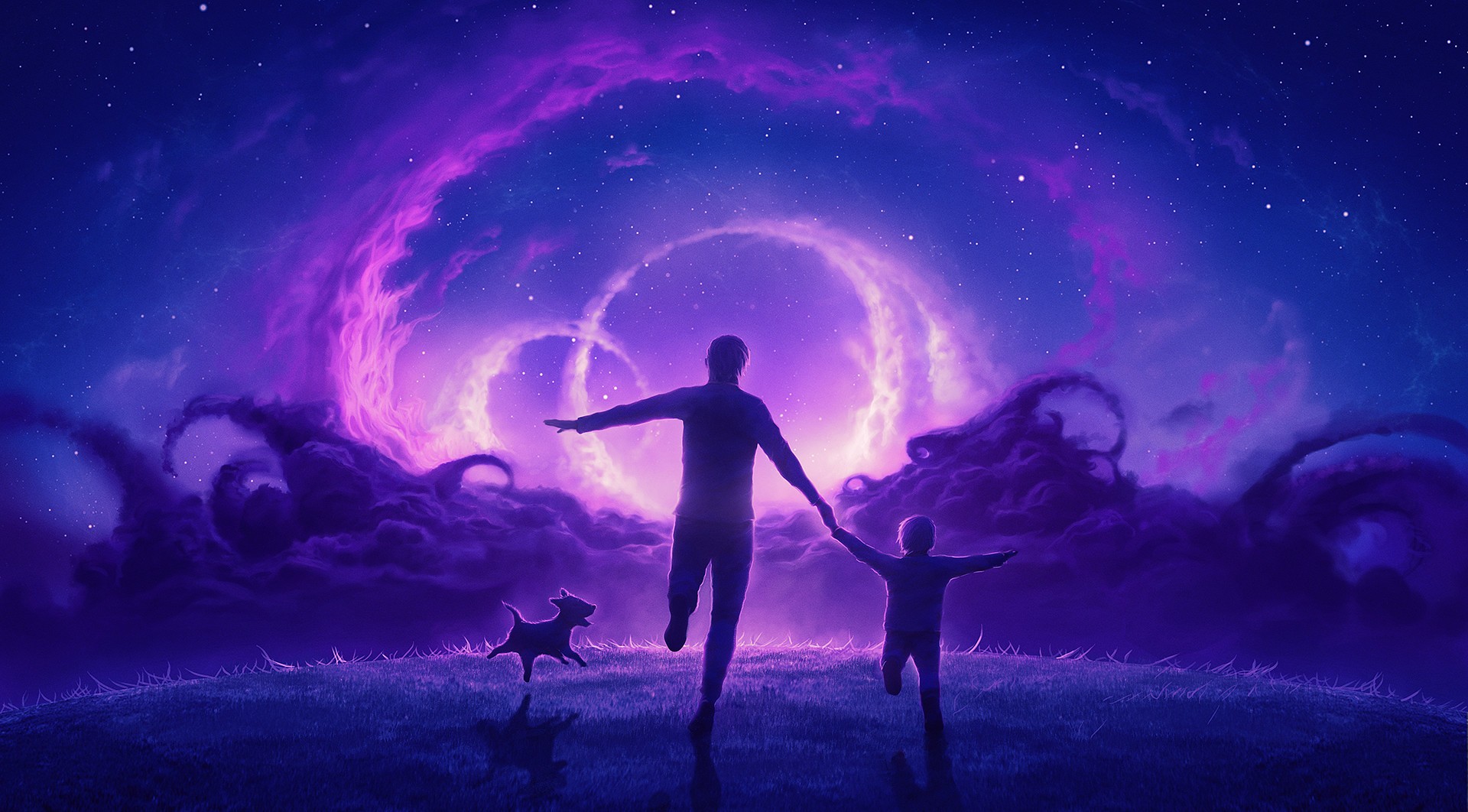 families sky heaven amp hell dog stars night lights grass purple digital art 1080P, 2k, 4k HD wallpaper, background free download