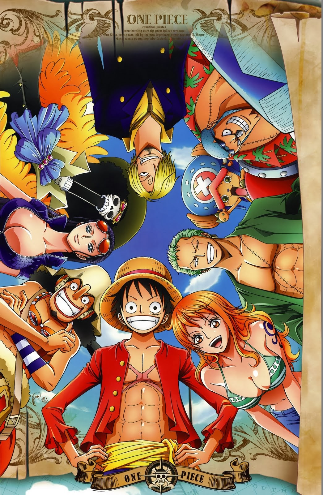 Wallpaper, One Piece, Monkey D Luffy, Nami, Roronoa Zoro, Usopp, Sanji, Tony Tony Chopper, Nico Robin, Brook, Franky, anime, manga 1045x1600