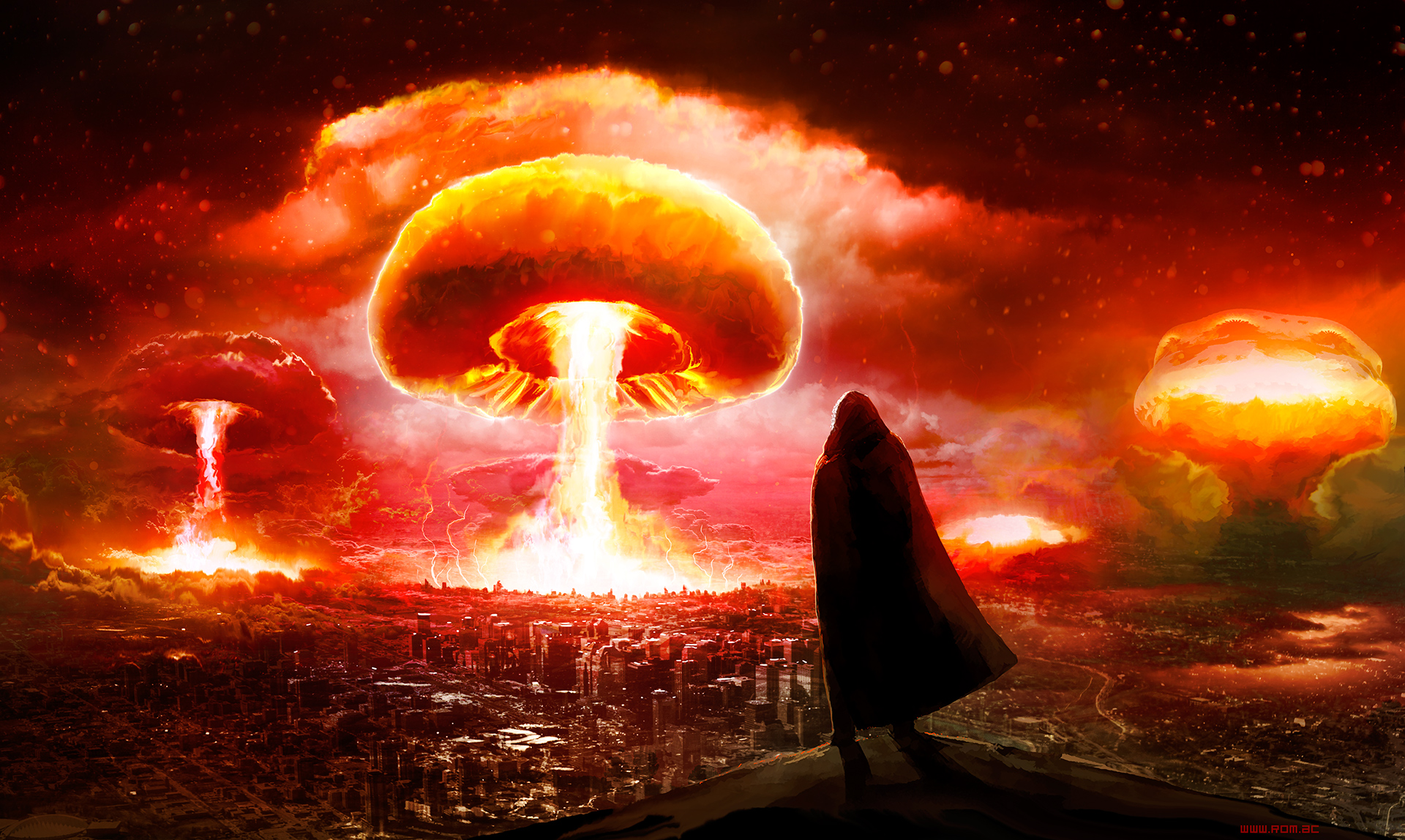 Wallpaper, Romantically Apocalyptic, drawing, nuclear cloud, apocalyptic, fire, city, hoods, cape, explosion, night, comic books, atomic bomb, red sky 1920x1148