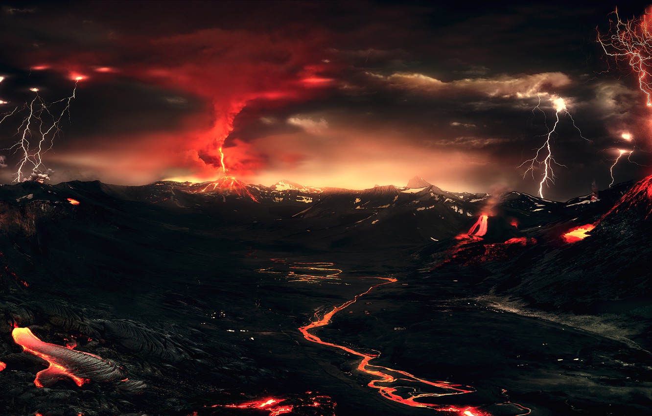 Wallpaper the storm, mountains, night, lights, lightning, the volcano, lava image for desktop, section пейзажи