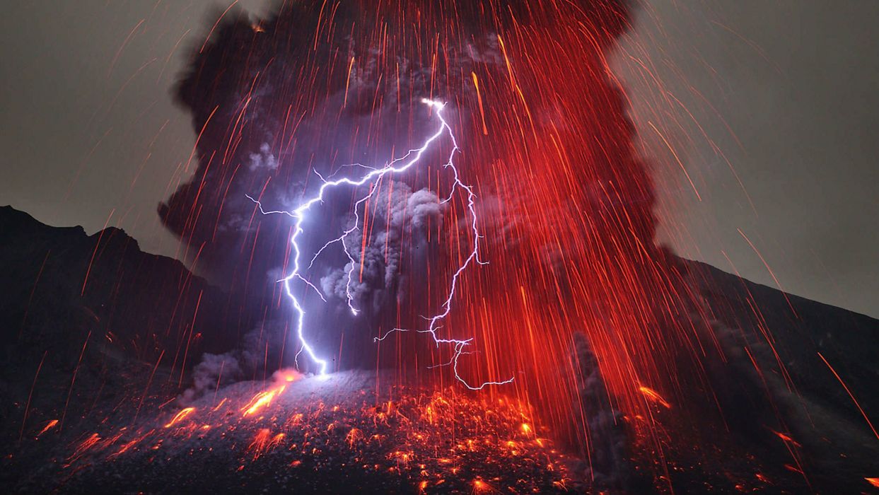 Volcano mountain lava nature landscape mountains fire lightning wallpaperx1253