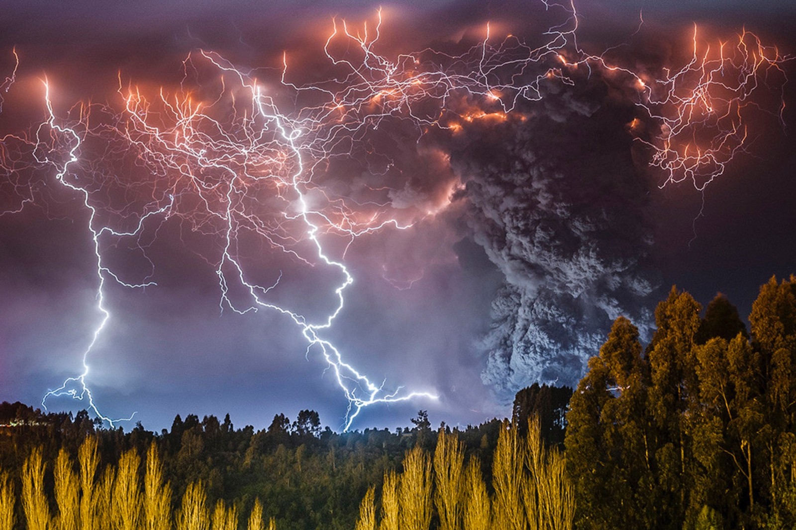 night, volcano, nature, Chile, lightning, forest, storm, landscape, eruption, photography Gallery HD Wallpaper