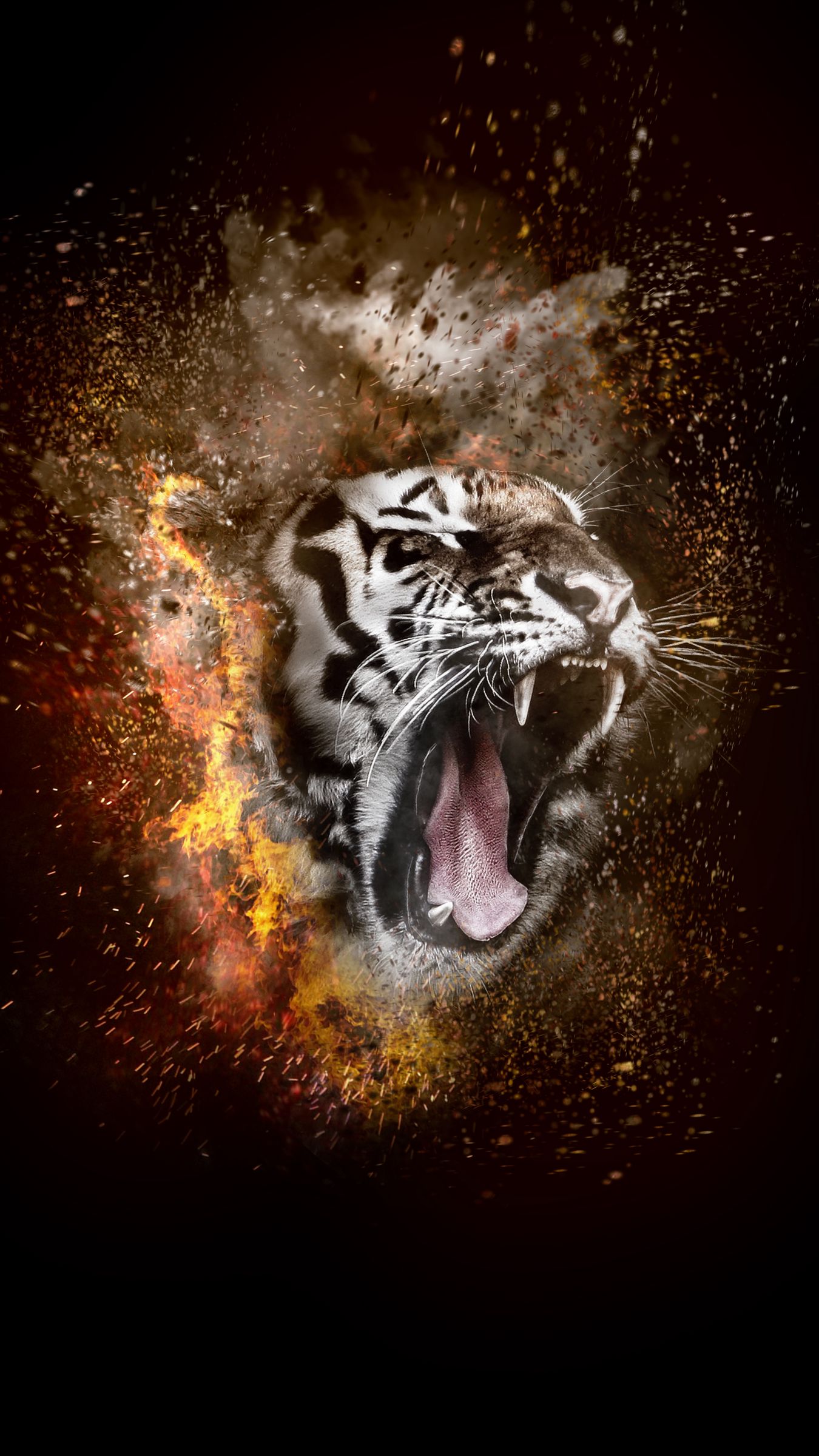 Download wallpaper 1350x2400 tiger, grin, photohop, fire iphone 8+/7+/6s+/for parallax HD background