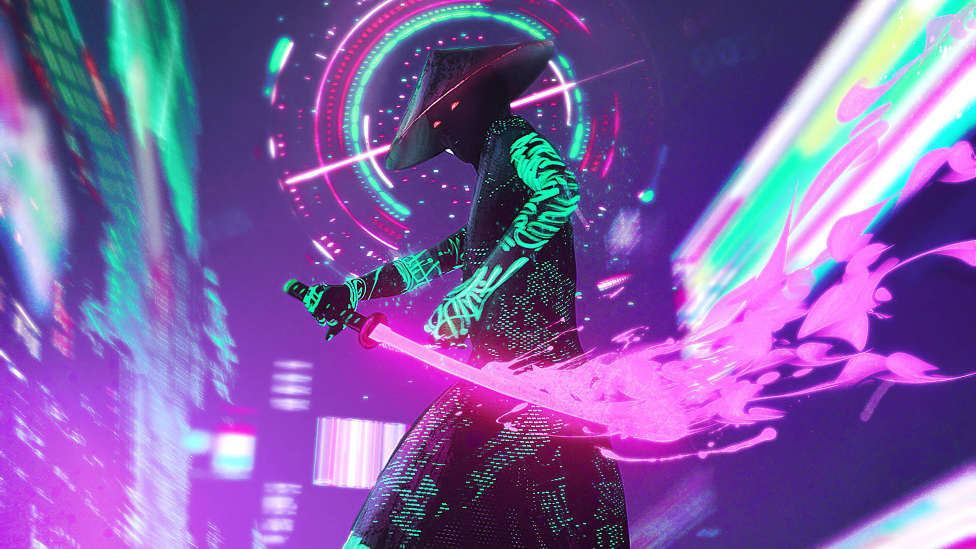 Download Neon Lights Samurai With Katana Wallpaper