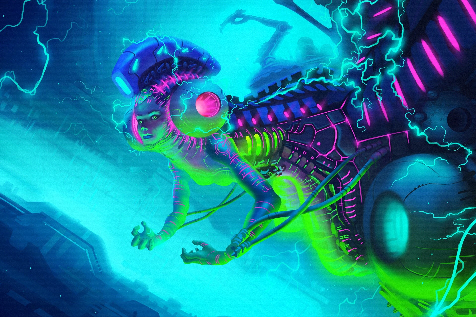 digital art, cyan, artwork, science fiction, robot Gallery HD Wallpaper