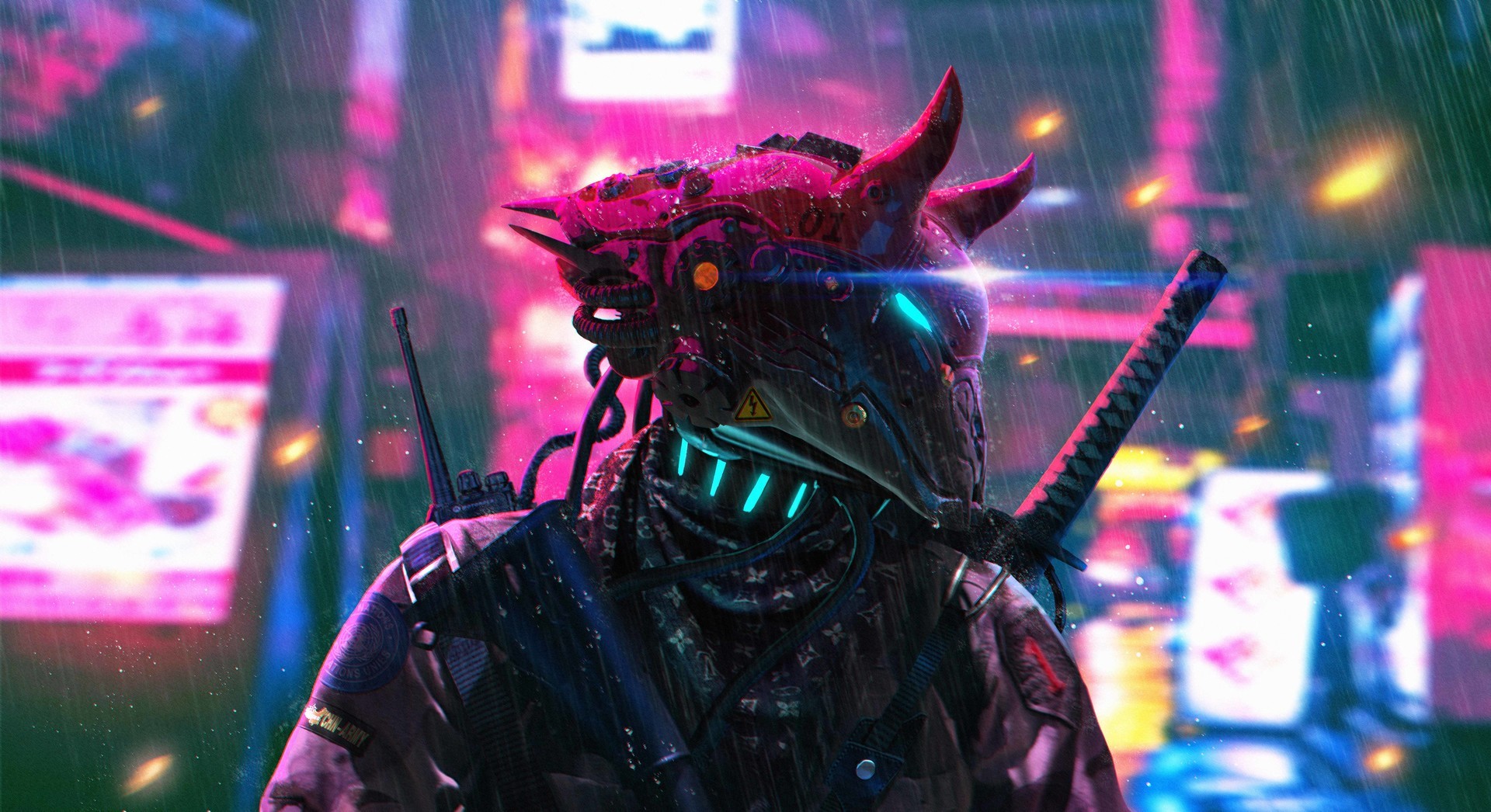 Wallpaper / cyberpunk, neon, futuristic, science fiction, neon lights, futuristic city, katana, rain free download
