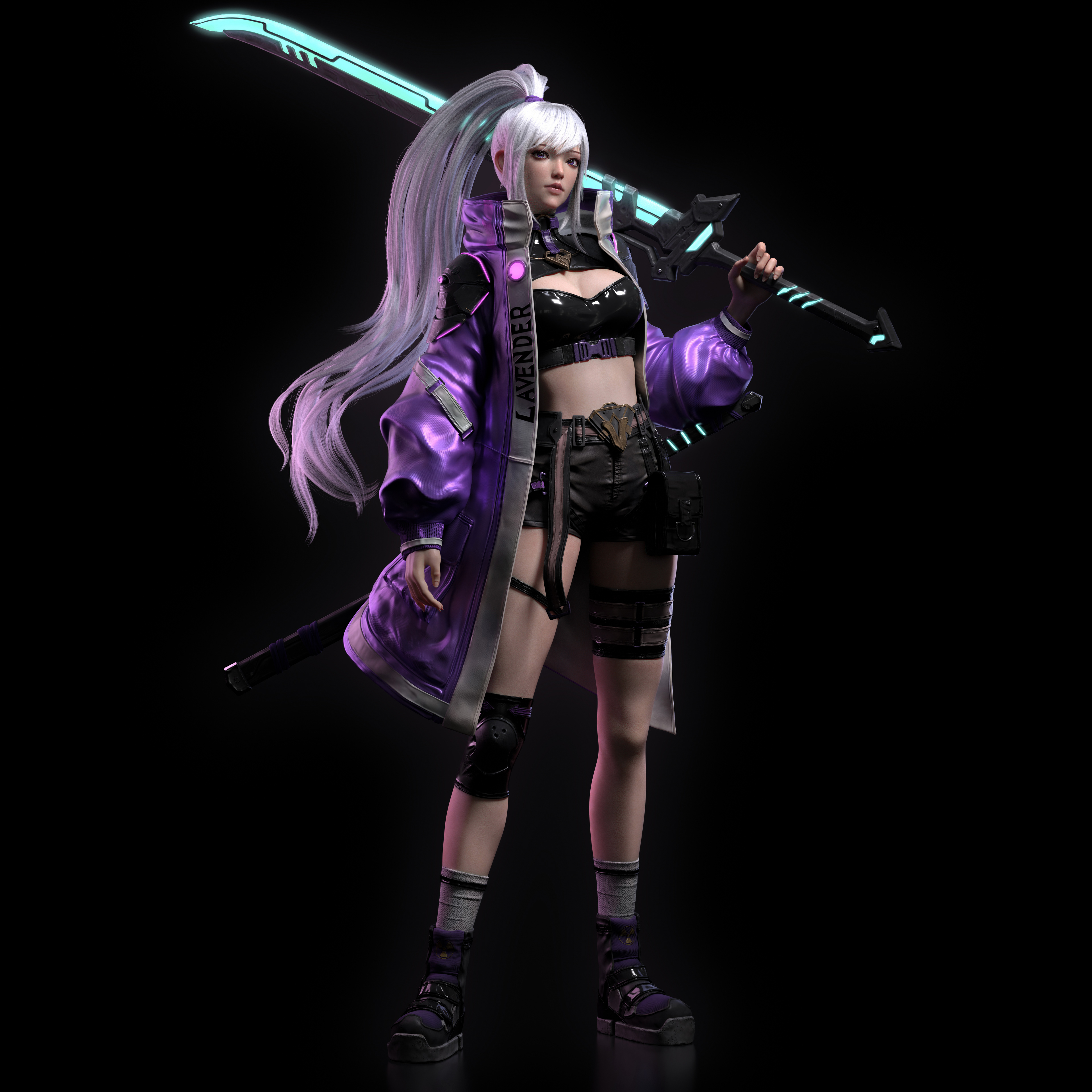 Cifangyi CGi Silver Hair Long Hair Ponytail Warrior Purple Clothing Women Socks Weapon Katana Neon G Wallpaper:3840x3840