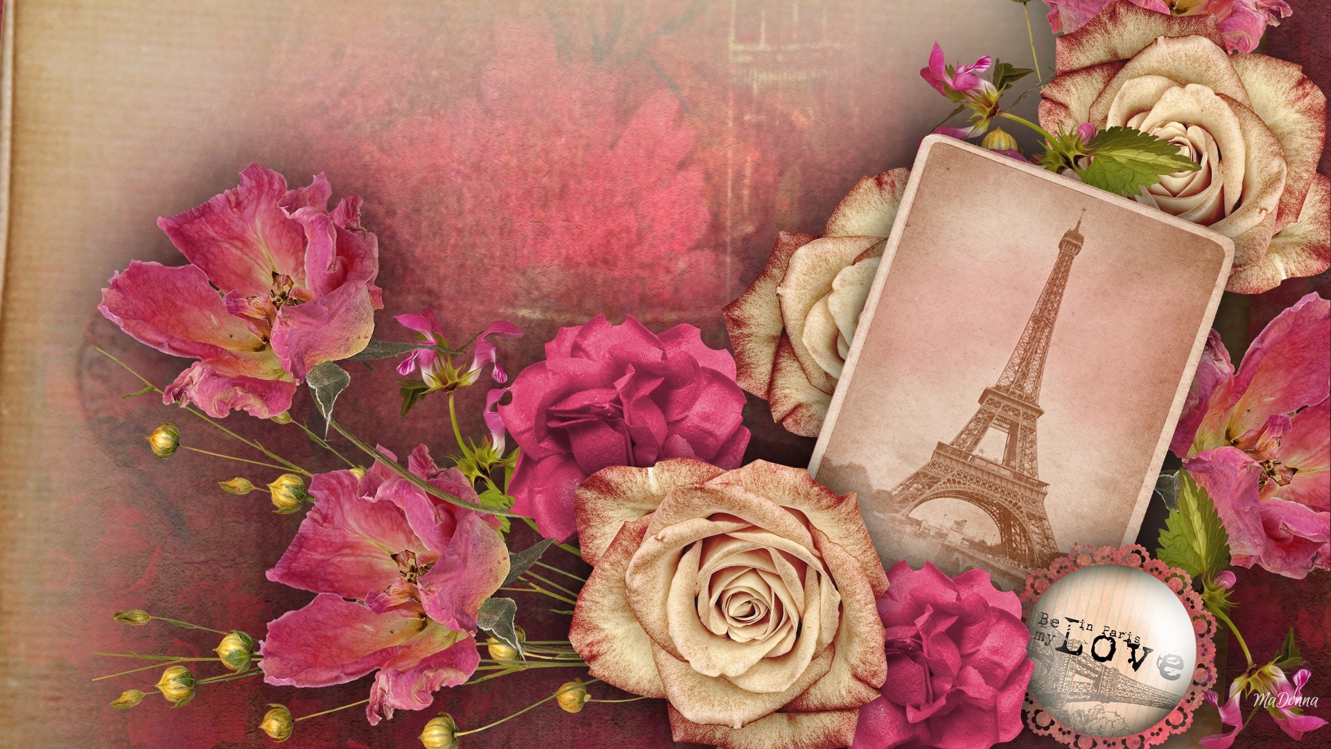 HD desktop wallpaper: Pink, Paris, Love, Eiffel Tower, Rose, Collage, Artistic download free picture