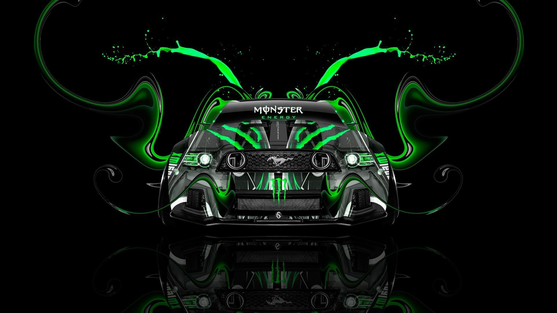 tony kokhan monster energy logo ford mustang gt muscle car front green aerography tuning acid drink