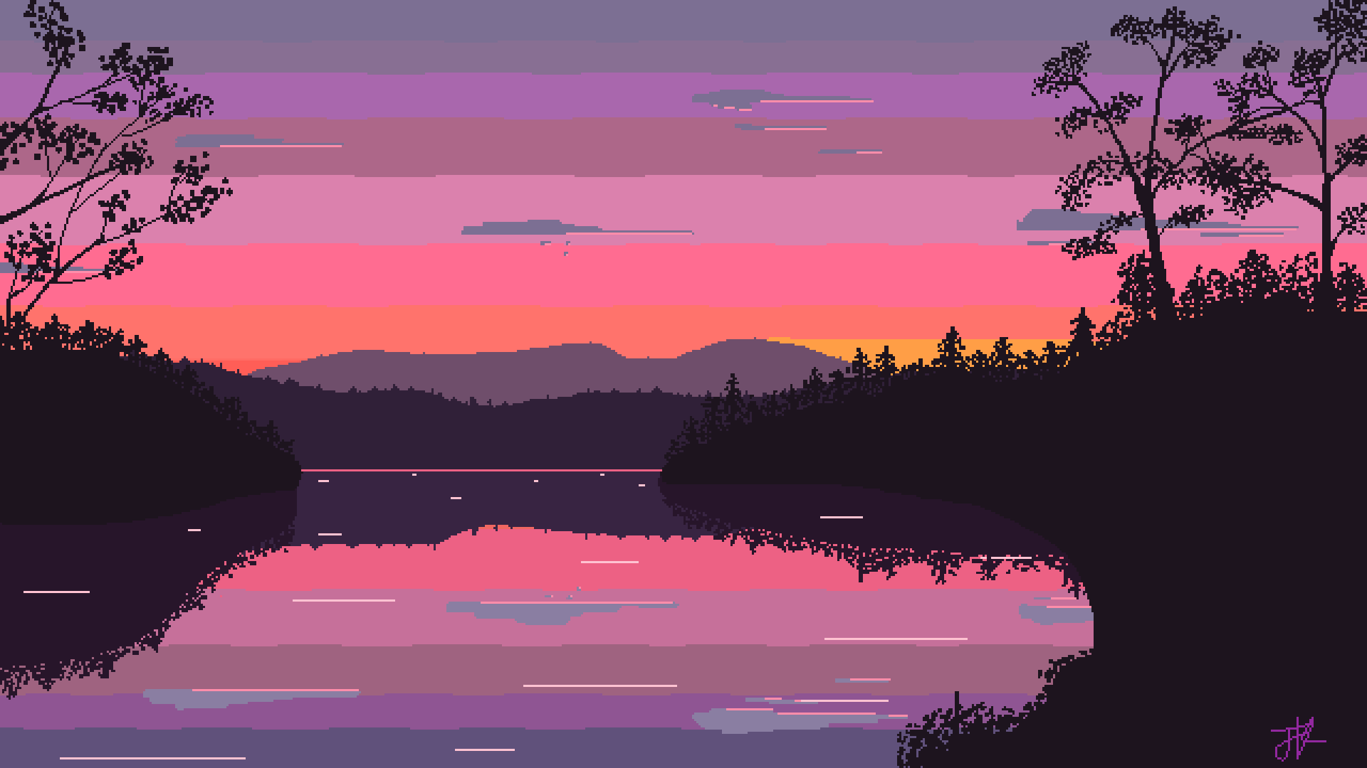 Wallpaper / nature, landscape, pixel art, pixelated, pixels, mountains, Wavestormed, trees, spring, forest, lake, reflection, pink clouds free download