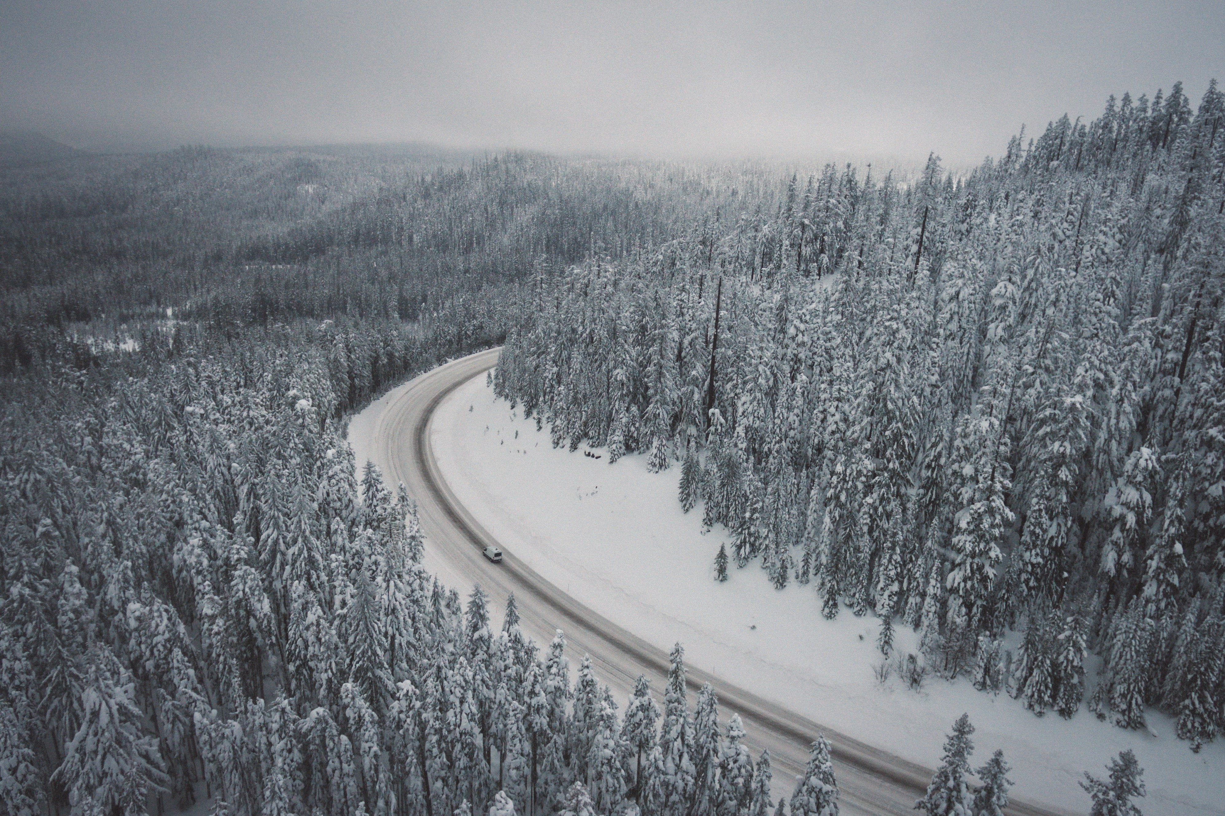snow, road, car, landscape, vehicle, nature, Oregon, aerial view, winter, trees Gallery HD Wallpaper