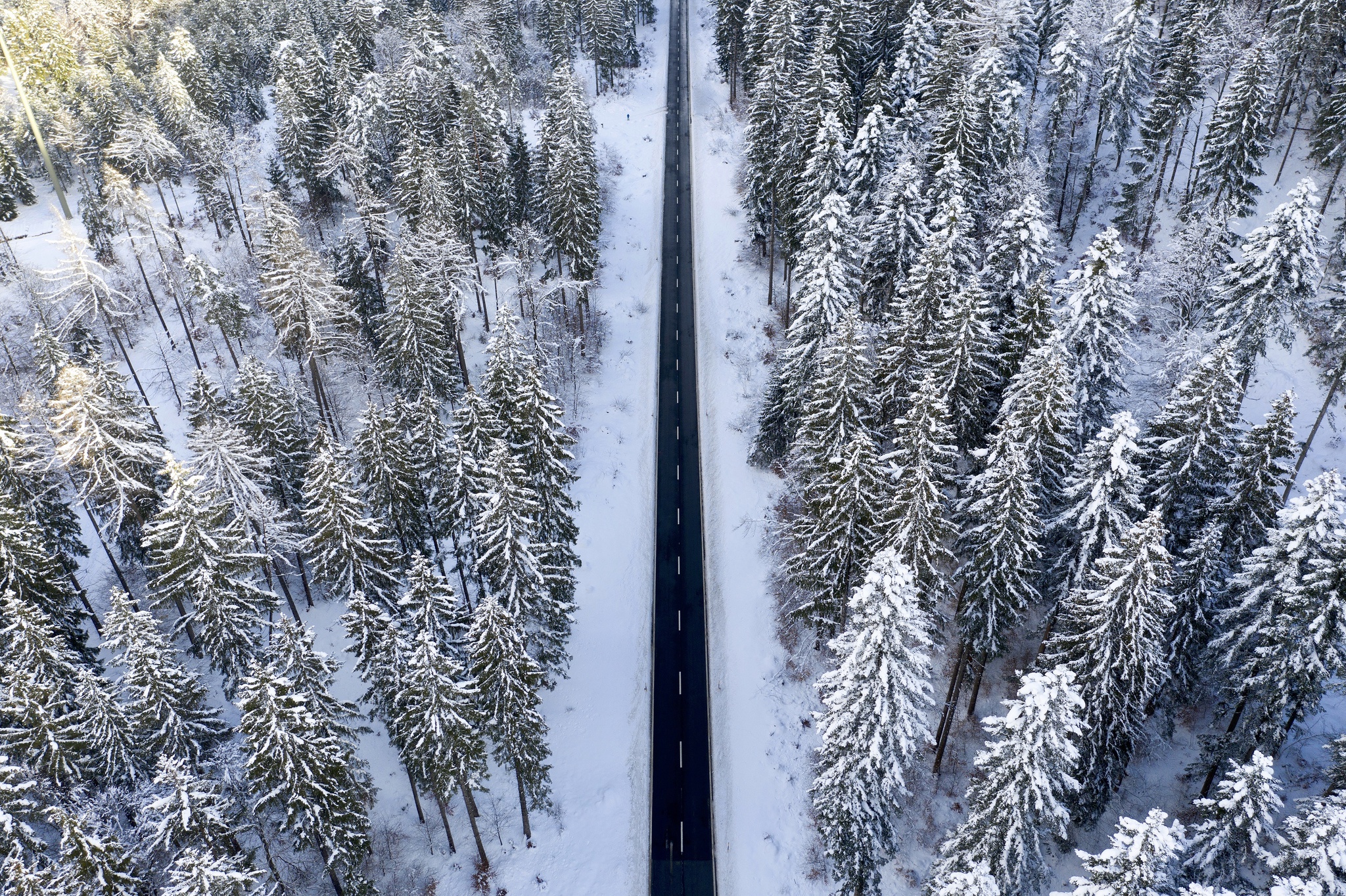 HD desktop wallpaper: Winter, Snow, Road, Forest, Aerial, Man Made download free picture