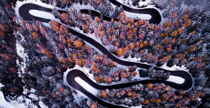Wallpaper turns, road, winter, forest, aerial view desktop wallpaper, HD image, picture, background, 1a28a3