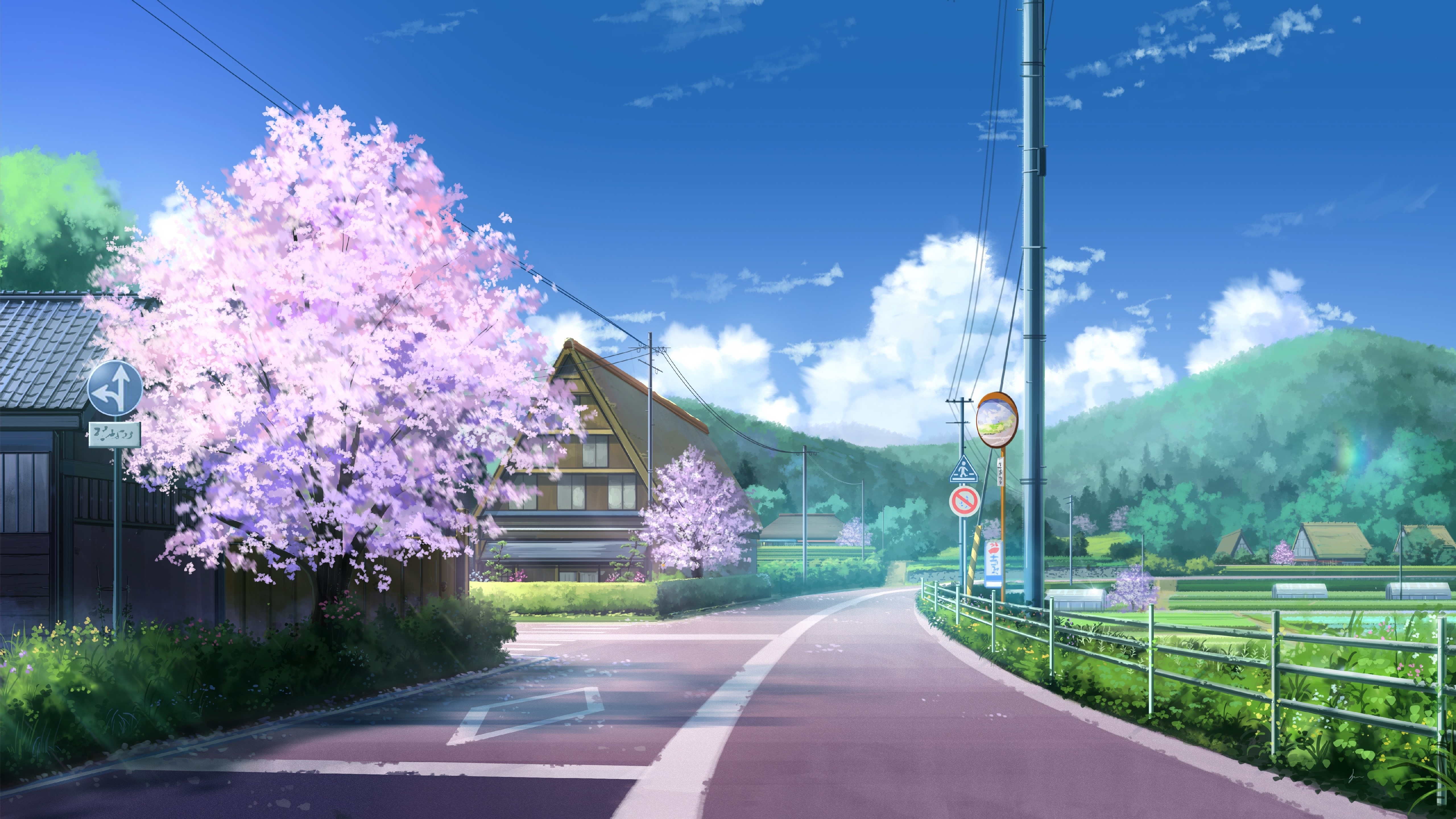 4K, cherry blossom, town, road, anime, landscape Gallery HD Wallpaper