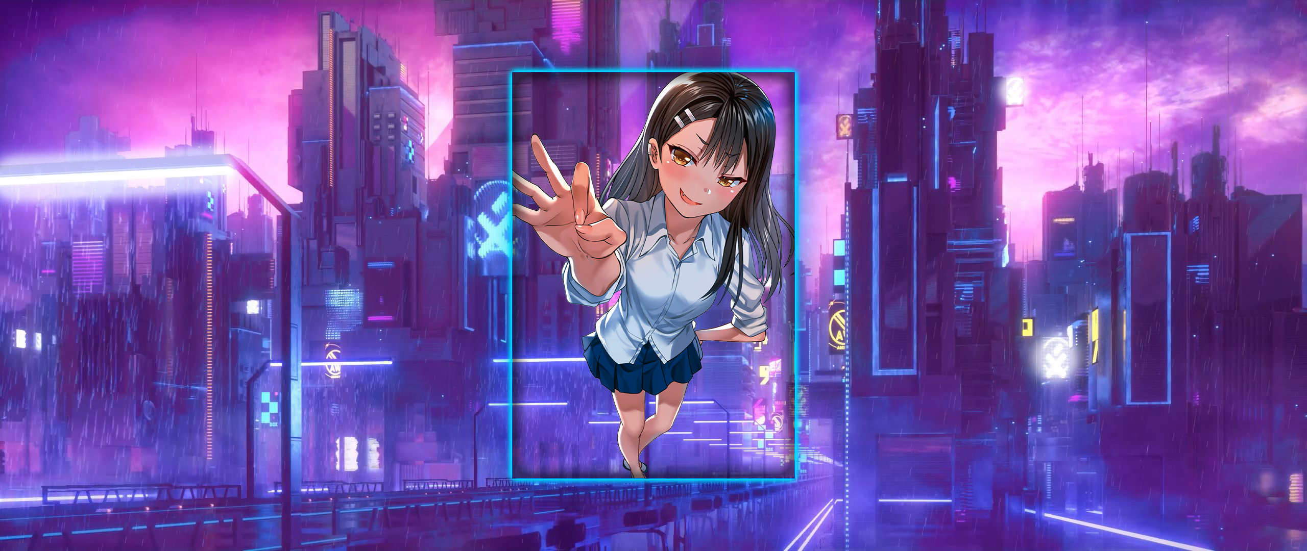 Nagatoro, Cyber, Ultrawide, Please Dont Bully Me, Cyberpunk, Nagatoro Hayase, Purple Background, Picture In Picture, Anime Girls Gallery HD Wallpaper