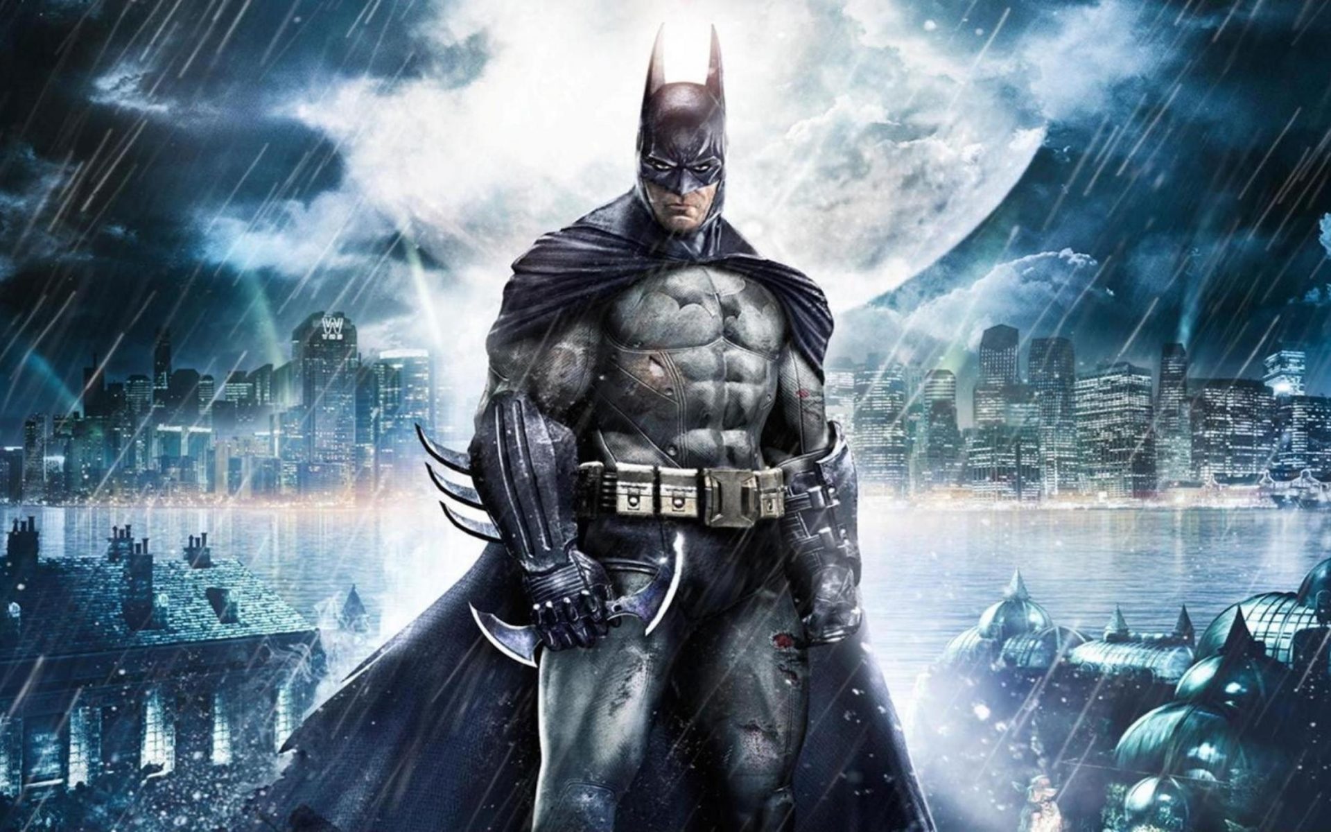 Batman Gotham City Night Moon Rain Desktop Wallpaper HD Resolution 2880x1620, Wallpaper13.com