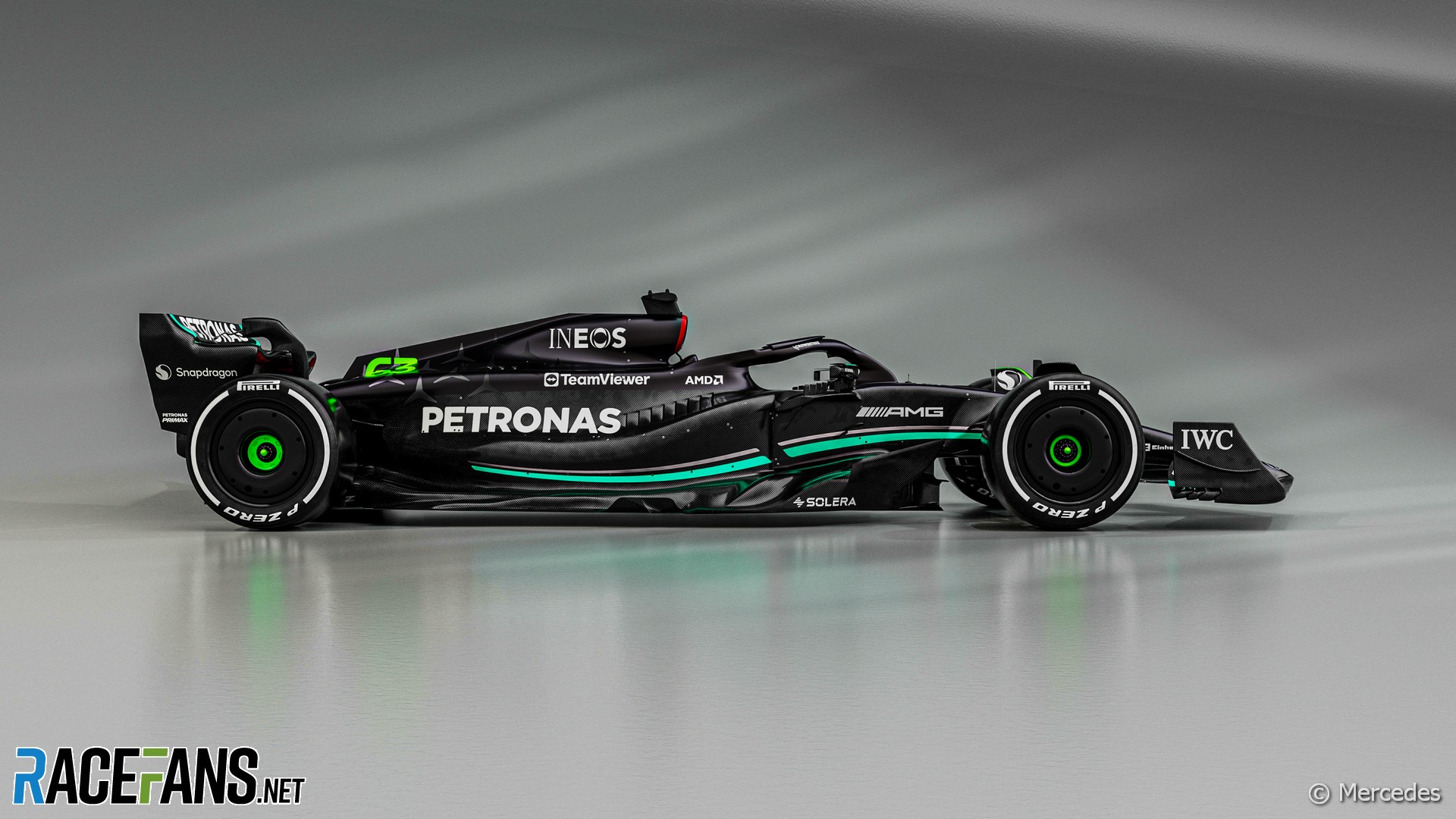2023 Mercedes W14 Russell colours · RaceFans