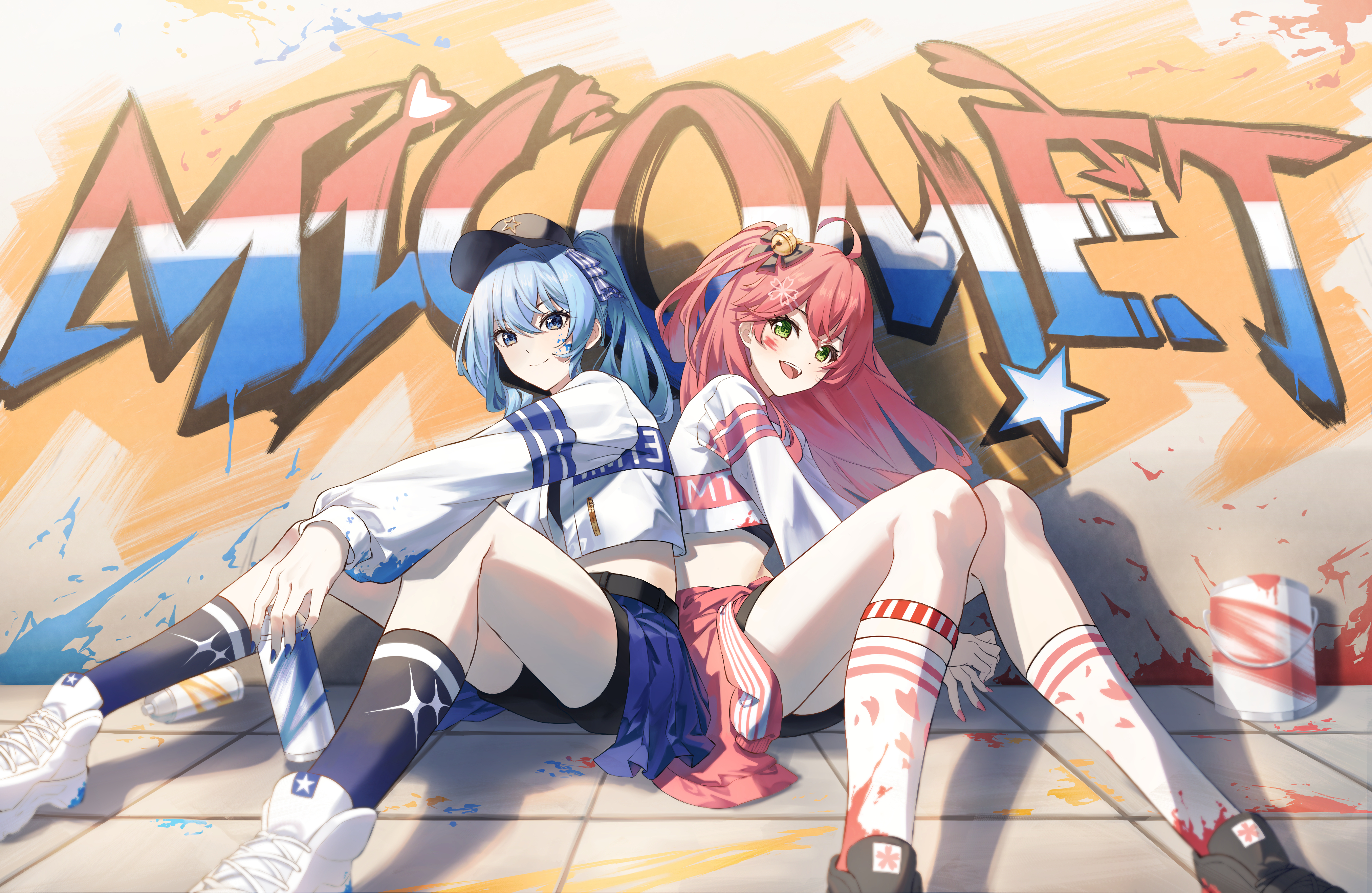 Wallpaper, anime girls, Hololive, Virtual Youtuber, Hoshimachi Suisei, Sakura Miko, long hair, blue hair, pink hair, two women, artwork, digital art, fan art, hat, graffiti 4053x2639