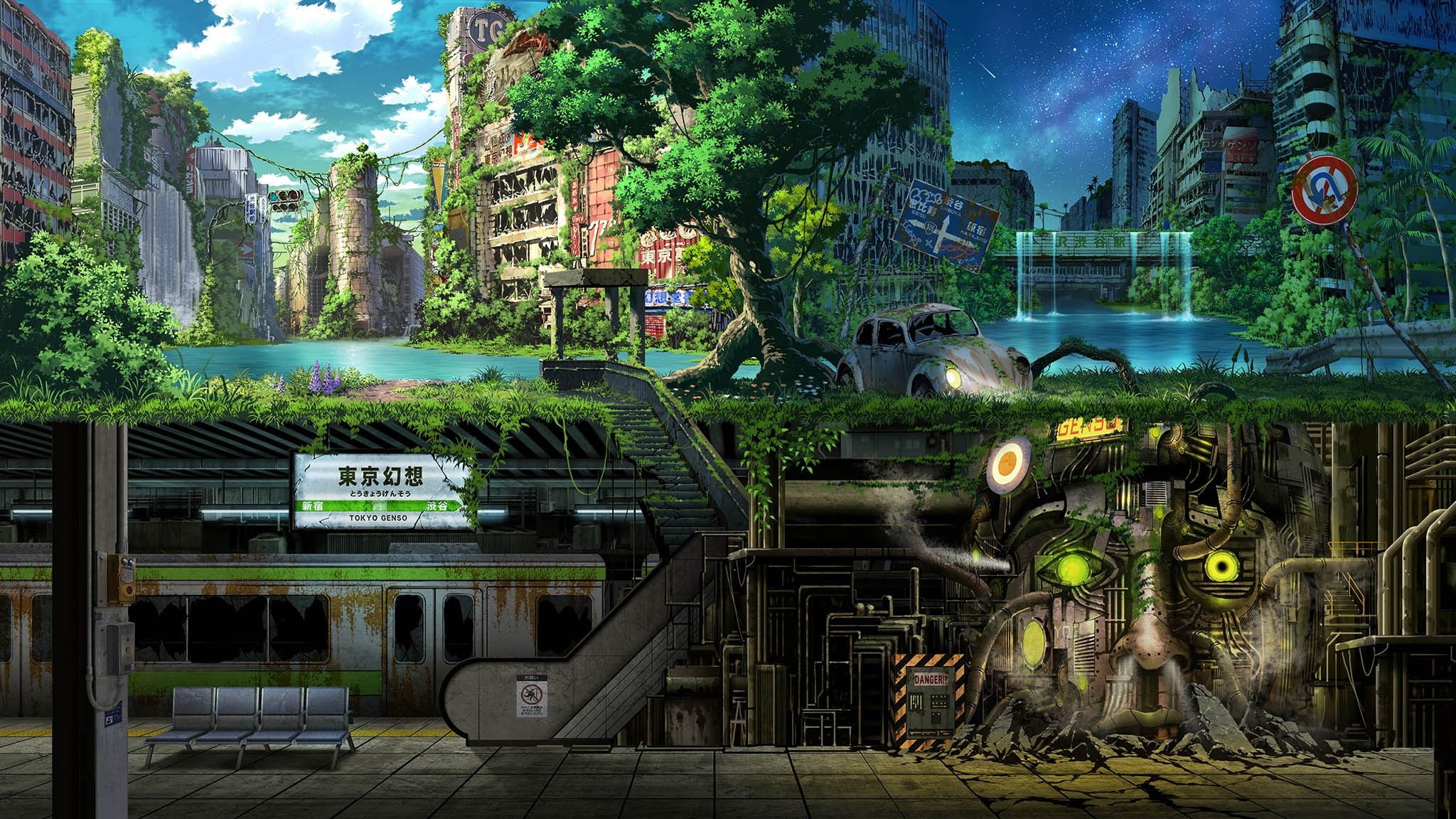 anime apocalypse #ruins #green #scenic #underground #Anime P #wallpaper #hdwallpaper #desktop. Fantasy landscape, Green facade, City wallpaper