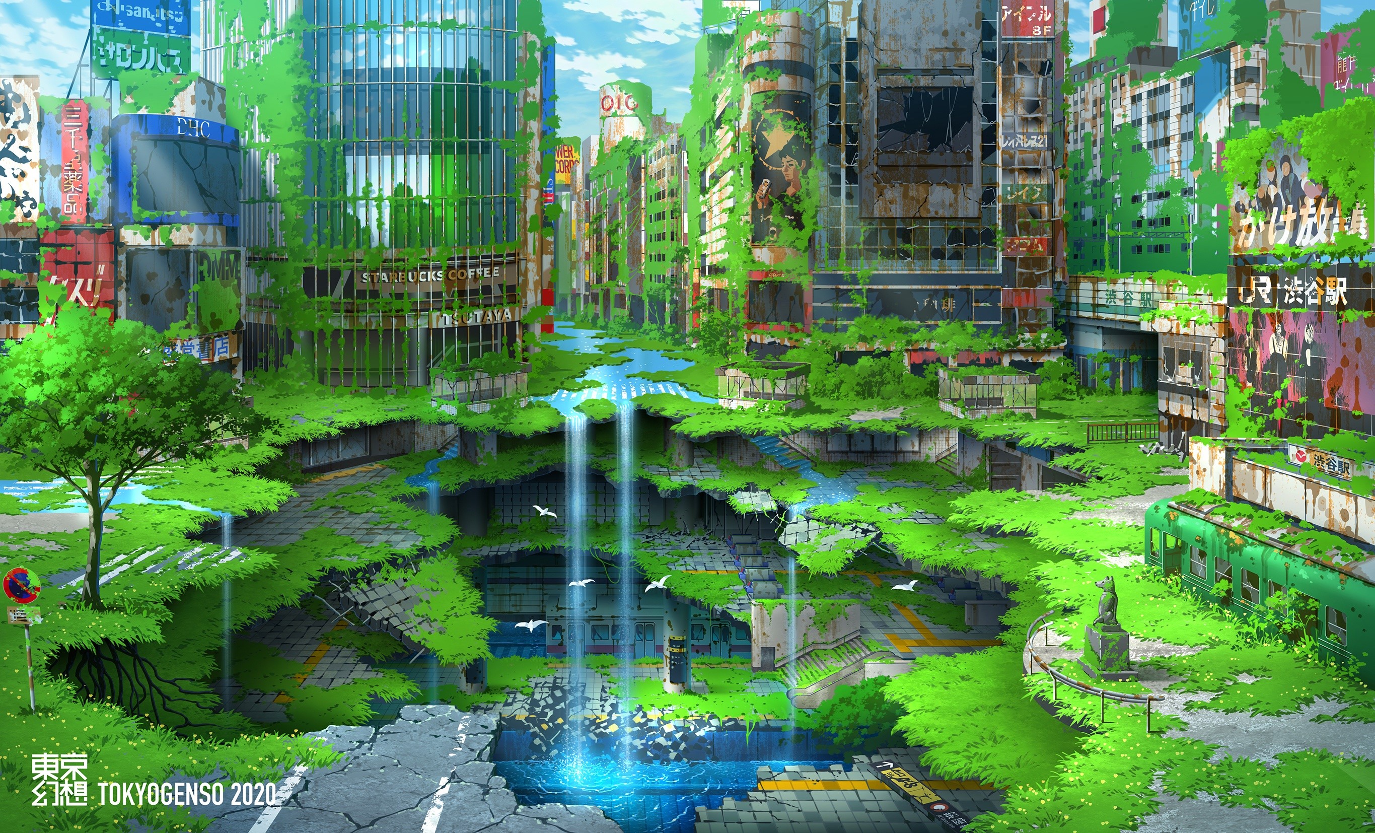 Wallpaper / anime, cityscape, apocalyptic, Tokyo, shibuya station, Shibuya, destruction, nature, Japan free download