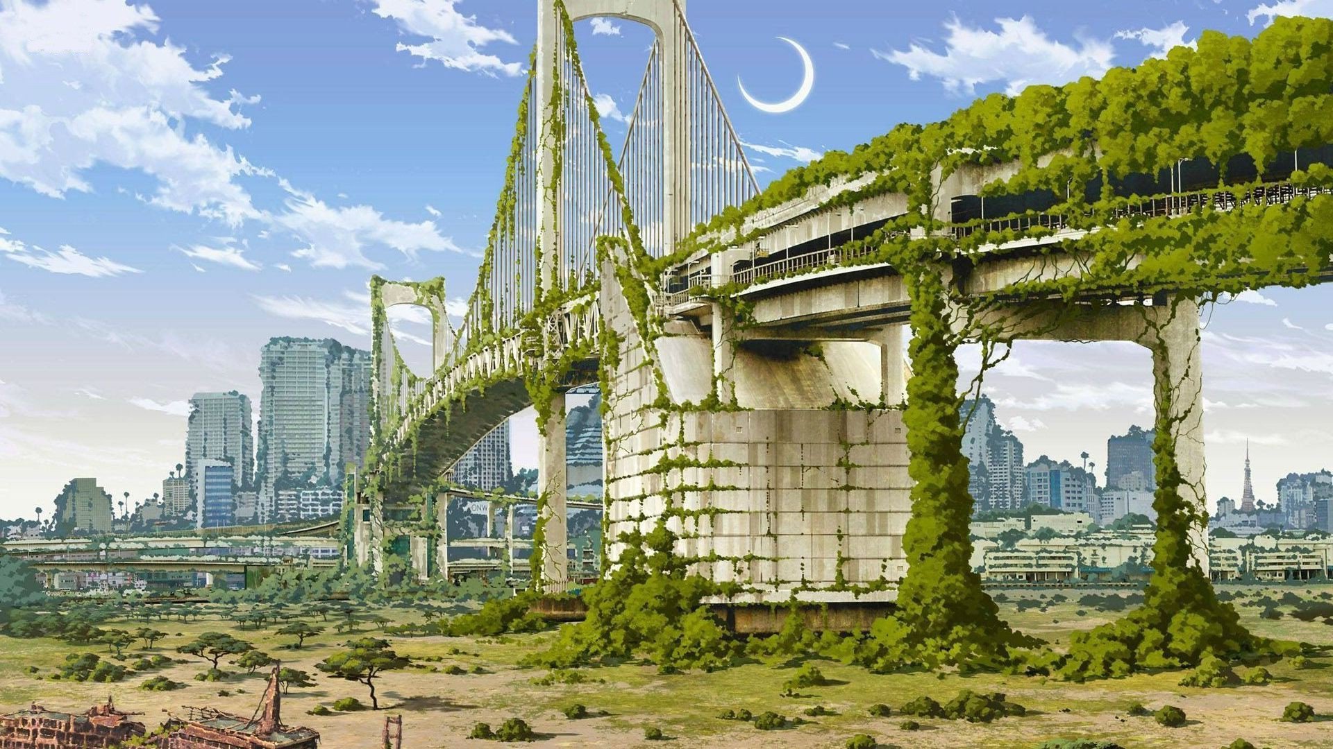 anime, Artwork, City, Nature, Japan, Fantasy Art, Apocalyptic Wallpaper HD / Desktop and Mobile Background