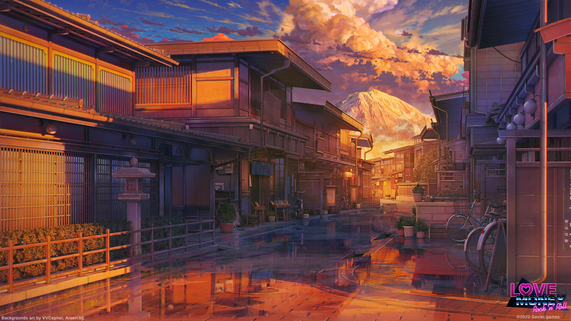 Small Japanese provincial town sunset after rain