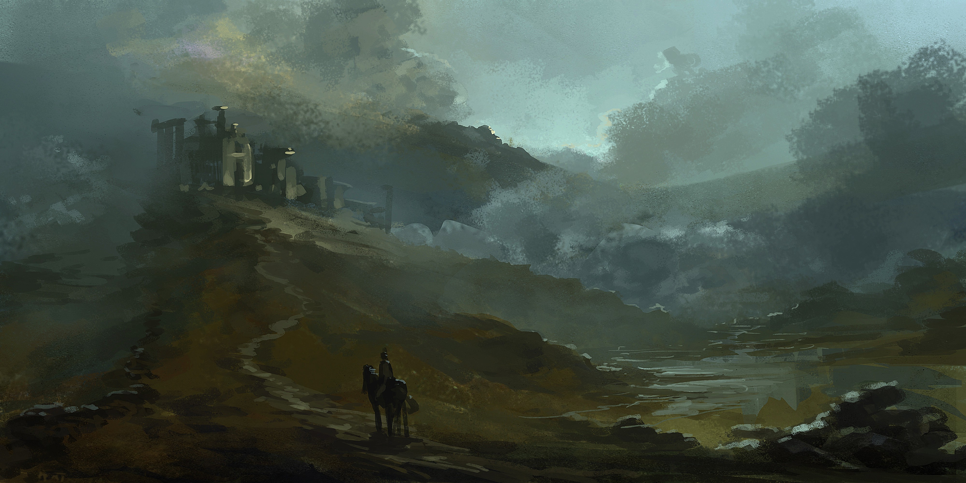 digital Art, Nature, Landscape, Sky, Hill, Gloomy Wallpaper HD / Desktop and Mobile Background