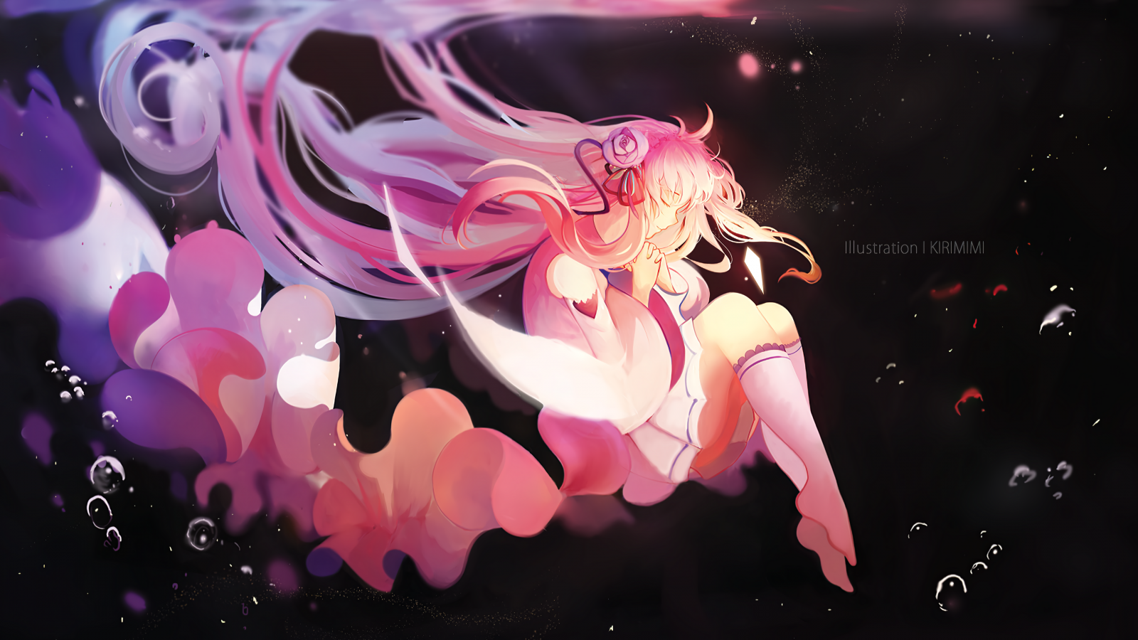 Wallpaper, anime girls, pink hair, praying, in water, long hair, black background 3840x2160 - 哐哐力